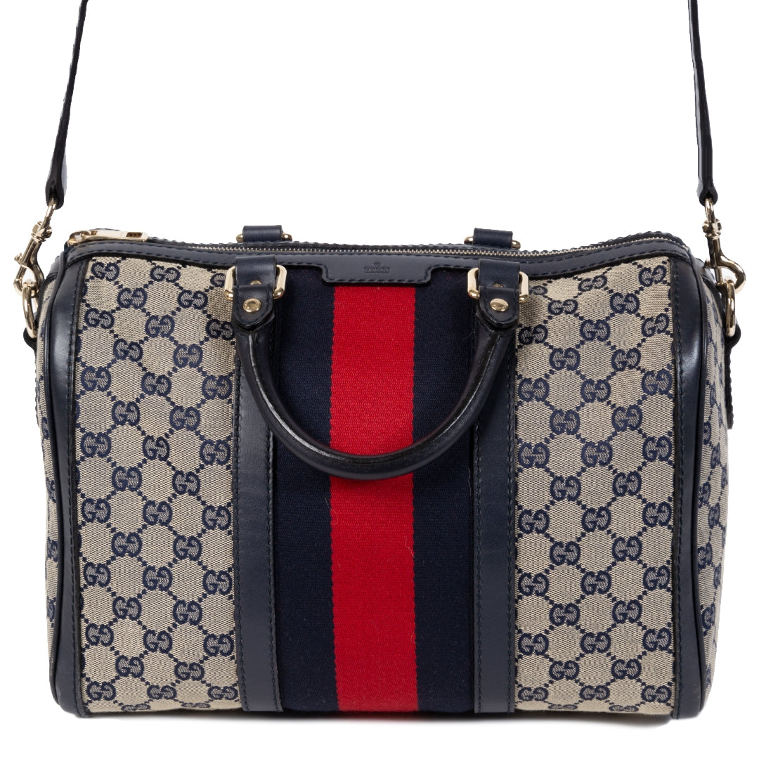 Authentieke tweedehands vintage Gucci Vintage Web Boston Bag GG Canvas Medium koop online webshop LabelLOV