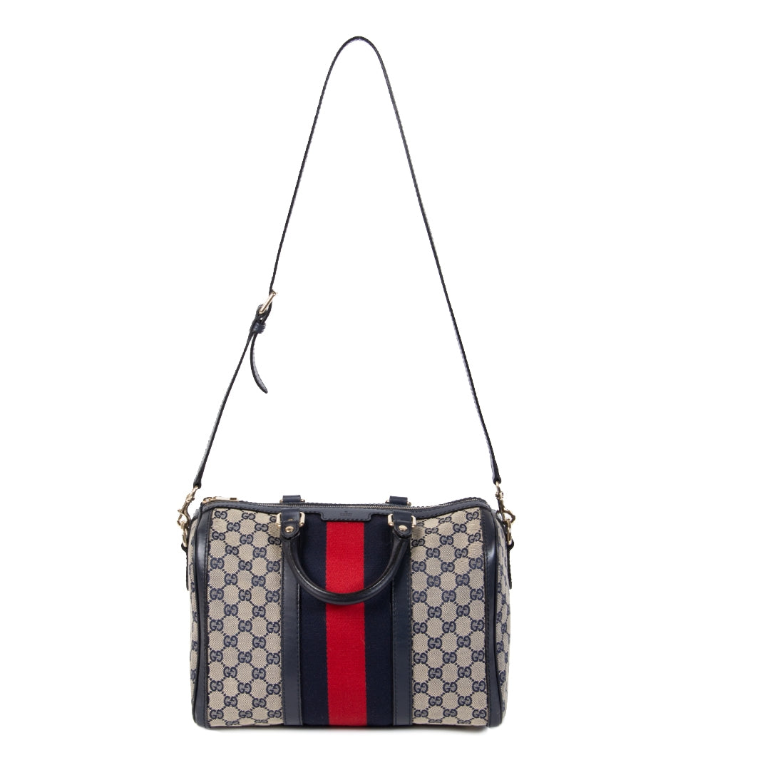 Authentic second-hand vintage Gucci Vintage Web Boston Bag GG Canvas Medium at online webshop LabelLOV
