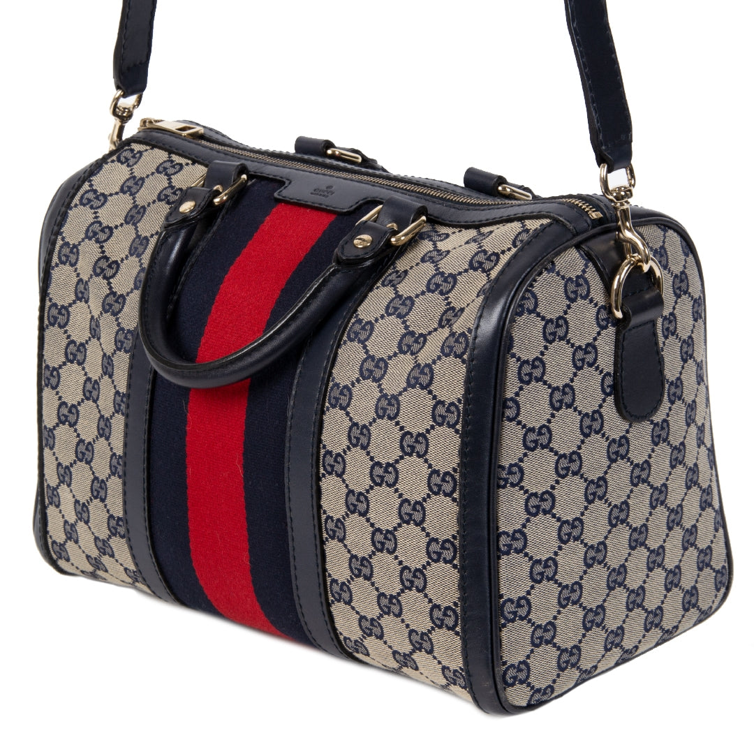Authentieke tweedehands vintage Gucci Vintage Web Boston Bag GG Canvas Medium koop online webshop LabelLOV