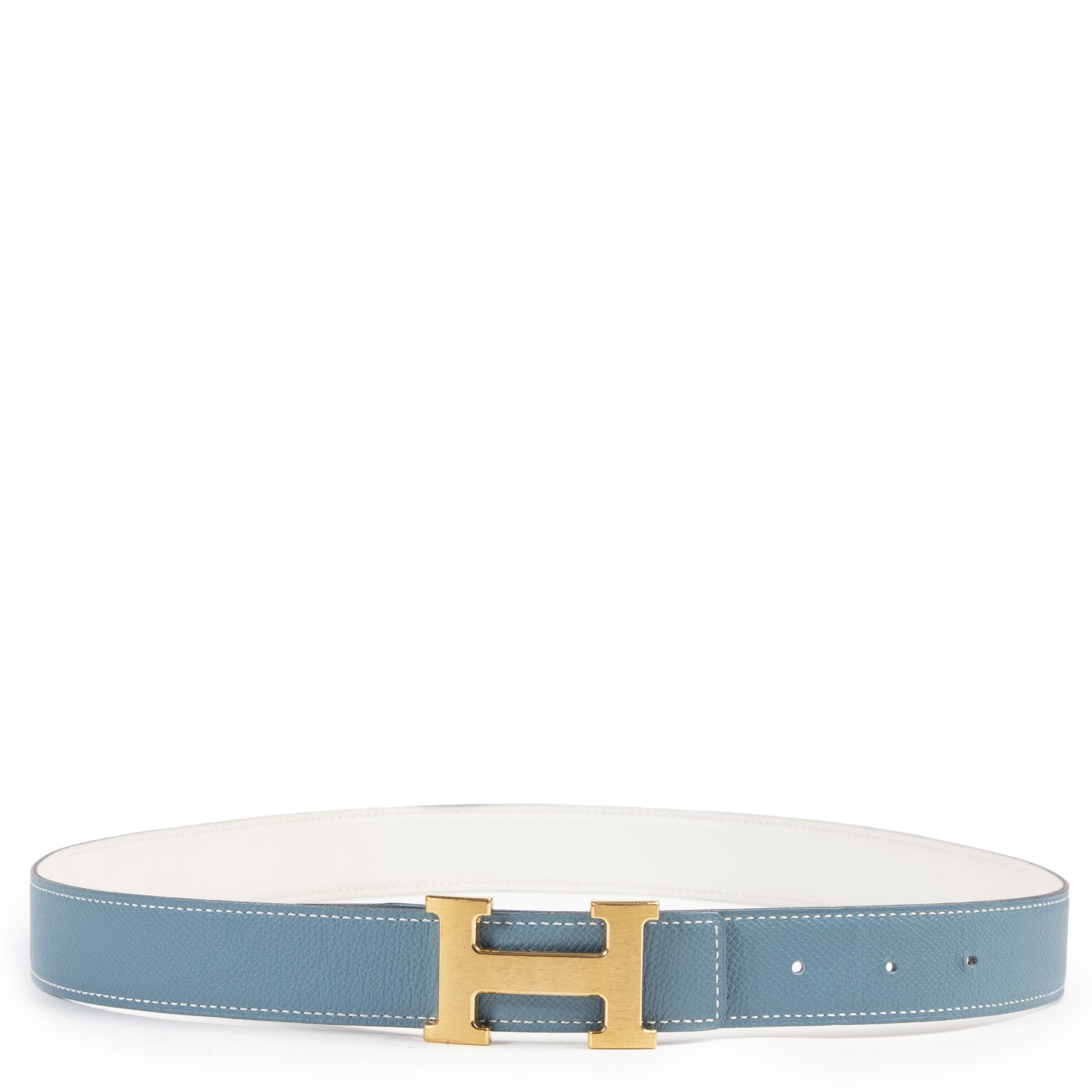 Authentieke Tweedehands ermès Reversible Blue Jean and White Constance Belt - Size 95
