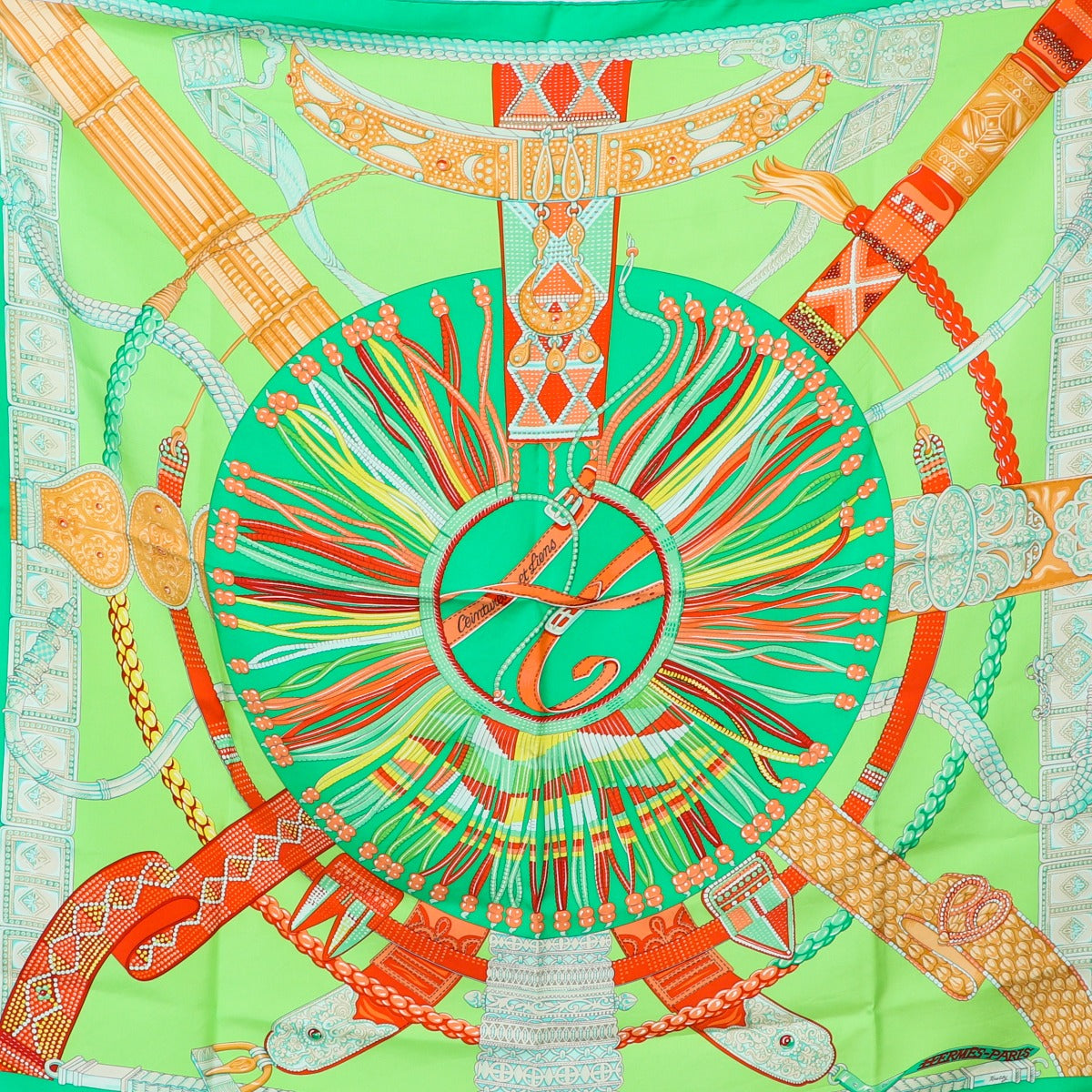 Buy an authentic Hermès Green Ceintures et Lions Silk Scarf in very good condition at Labellov in Antwerp.