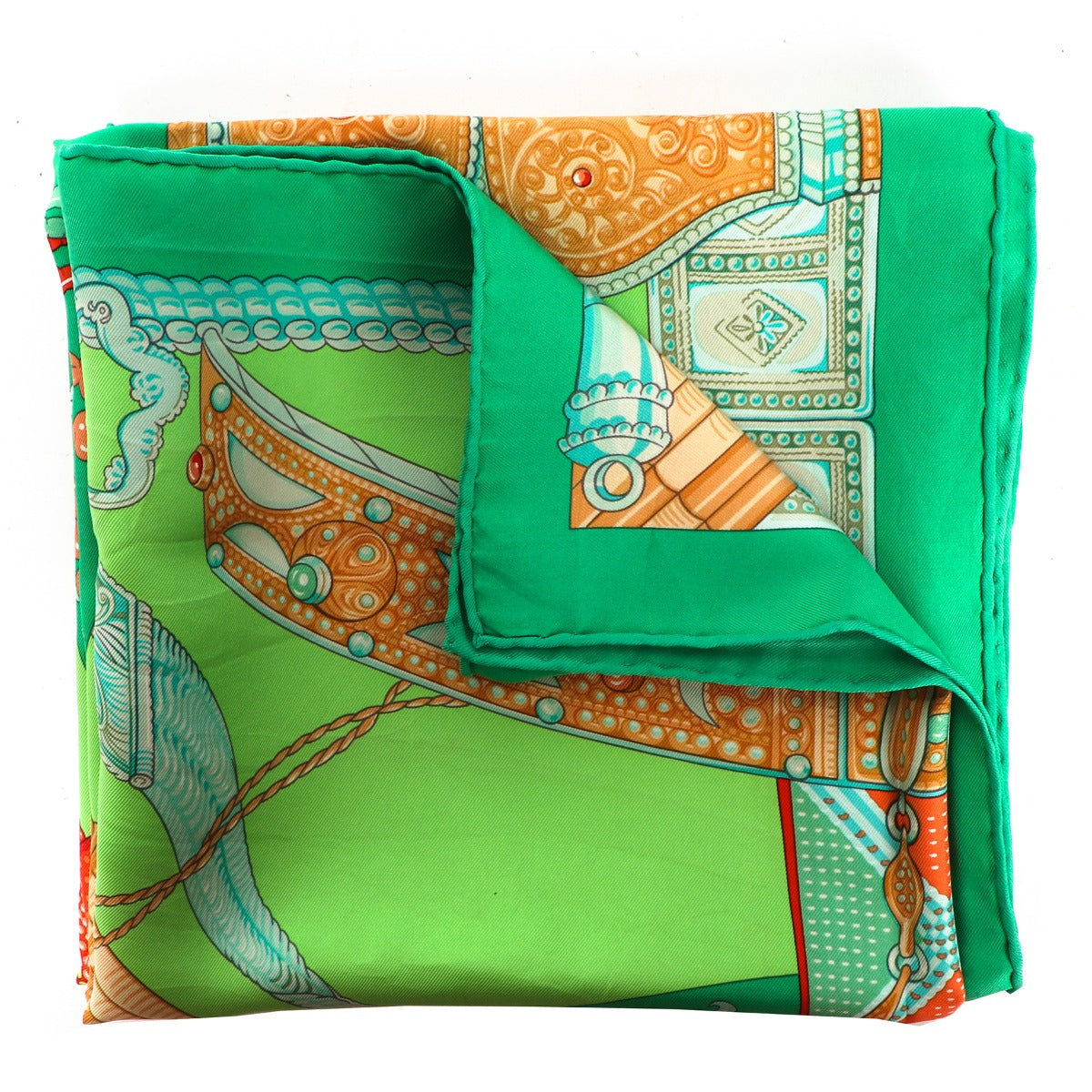 Buy an authentic Hermès Green Ceintures et Lions Silk Scarf in very good condition at Labellov in Antwerp.