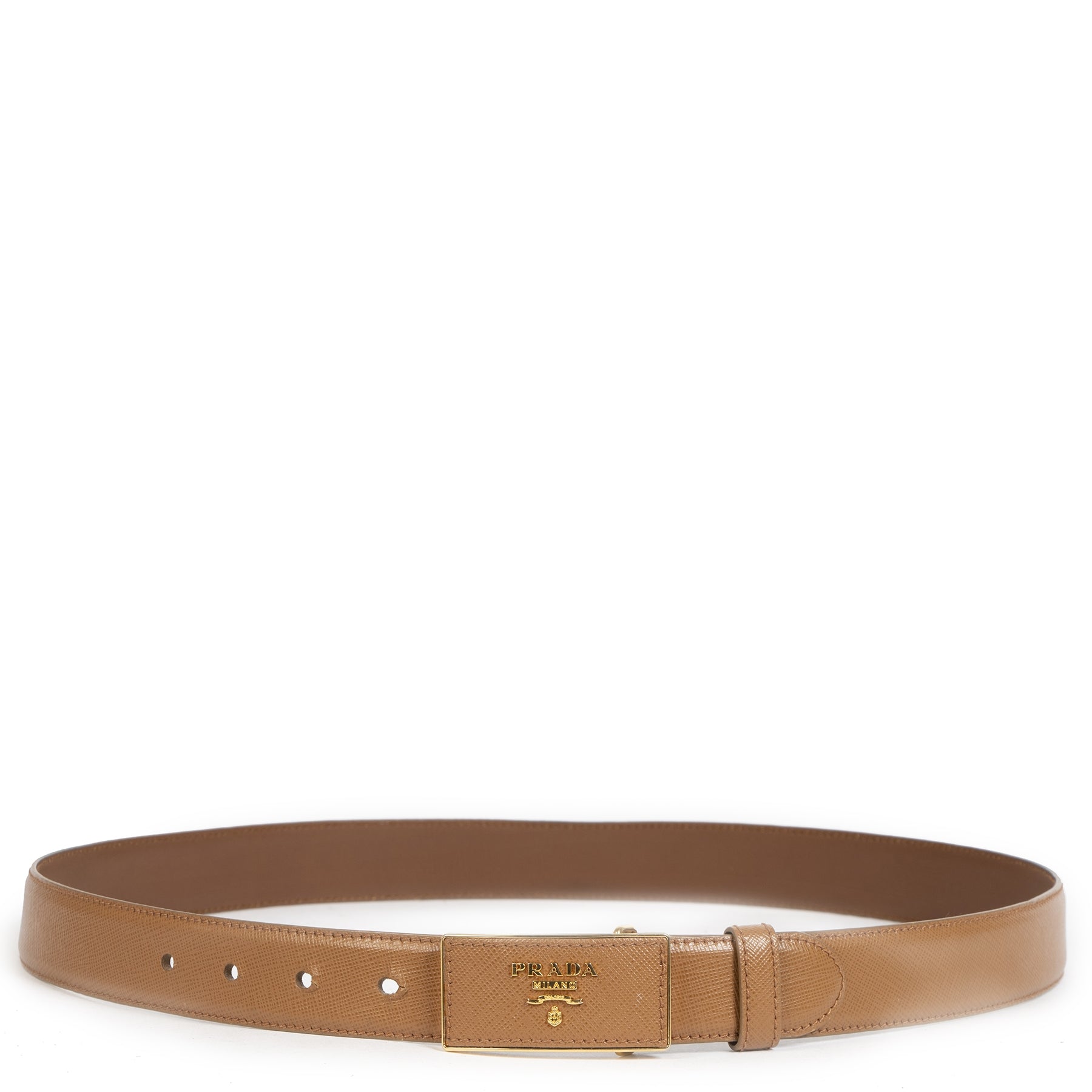 Prada Logo Plaque Camel Saffiano Belt - size 90 – Labellov