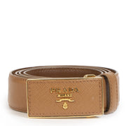 Prada Logo Plaque Camel Saffiano Belt - size 90