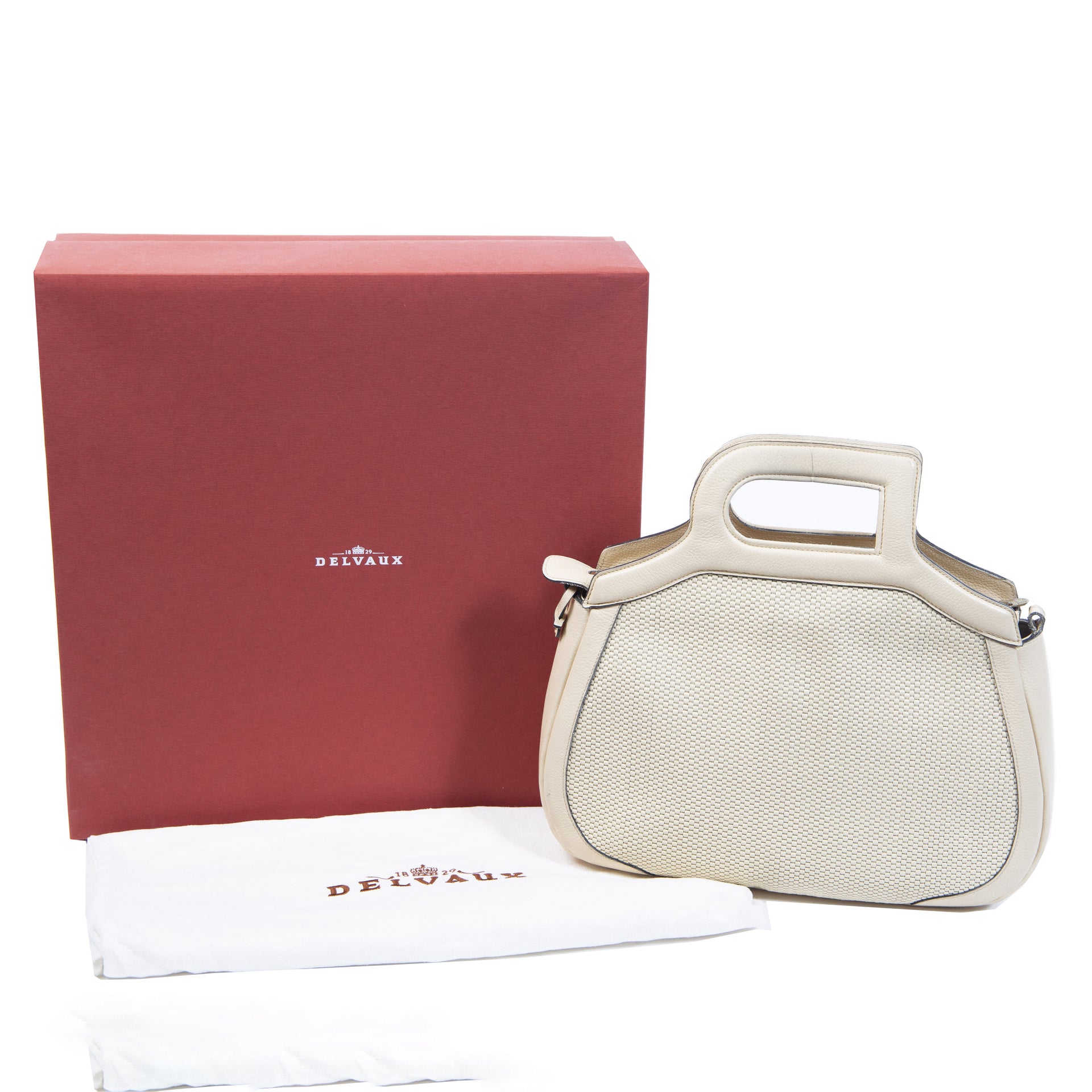 Authentieke Tweedehands Delvaux Cream Toile de Cuir D Top Handle Bag + Strap juiste prijs veilig online shoppen luxe merken webshop winkelen Antwerpen België mode fashion