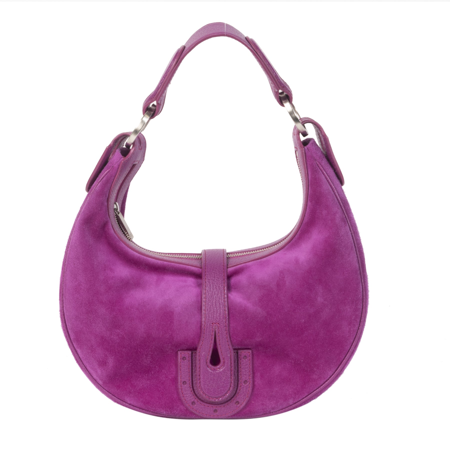 Authentieke tweedehands vintage Delvaux Camille XS Suede Fuchsia koop online webshop LabelLOV