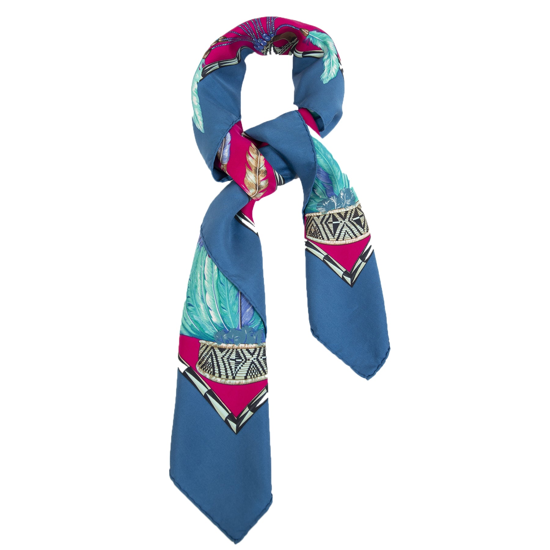 Authentieke Tweedehands Hermès Blue and Pink SIlk Carré Scarf 'Brazil' juiste prijs veilig online shoppen luxe merken webshop winkelen Antwerpen België mode fashion