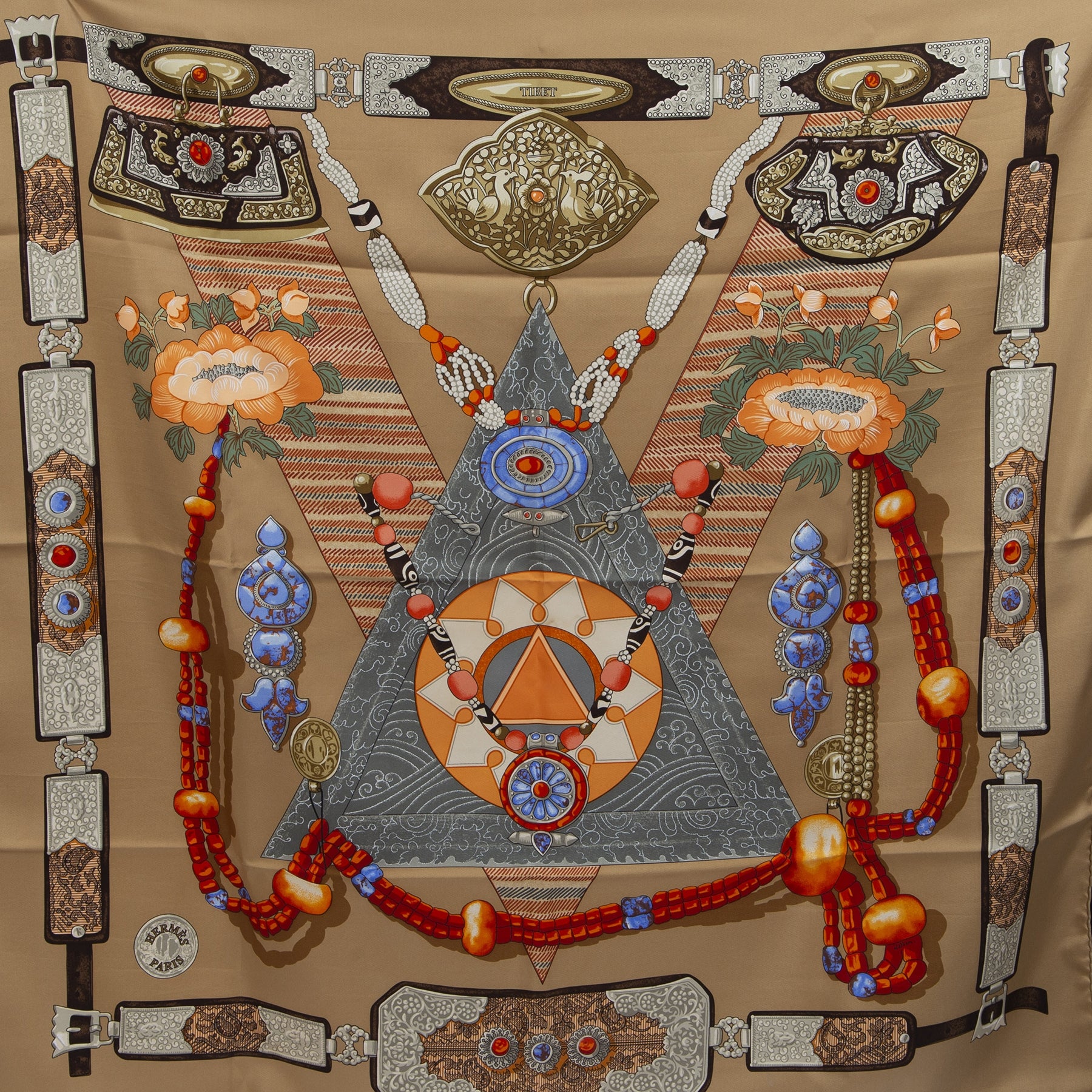 Authentieke Tweedehands Hermes Carré Silk Scarf 'Tibet' juiste prijs veilig online shoppen luxe merken webshop winkelen Antwerpen België mode fashion