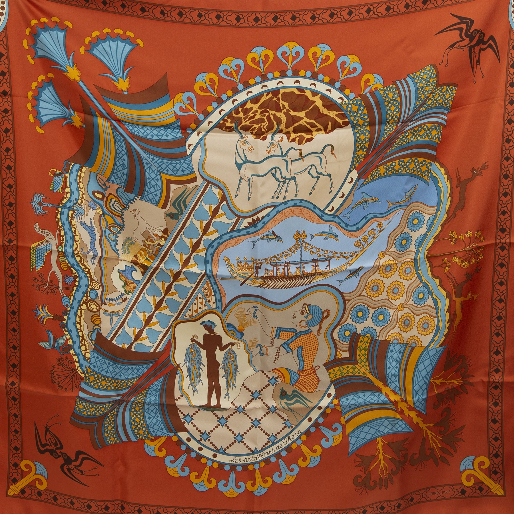 Authentieke Tweedehands Hermès Silk Carré Scarf 'Les Printemps de Thera' juiste prijs veilig online shoppen luxe merken webshop winkelen Antwerpen België mode fashion