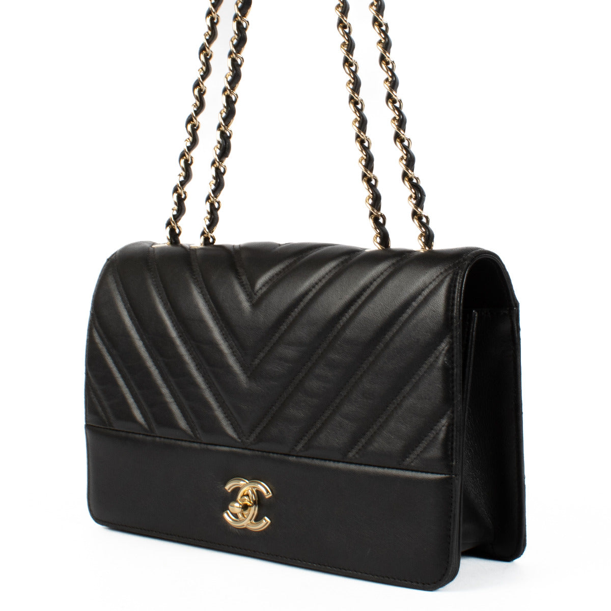 Chanel Zwart Lederen Chevron Flap Bag
