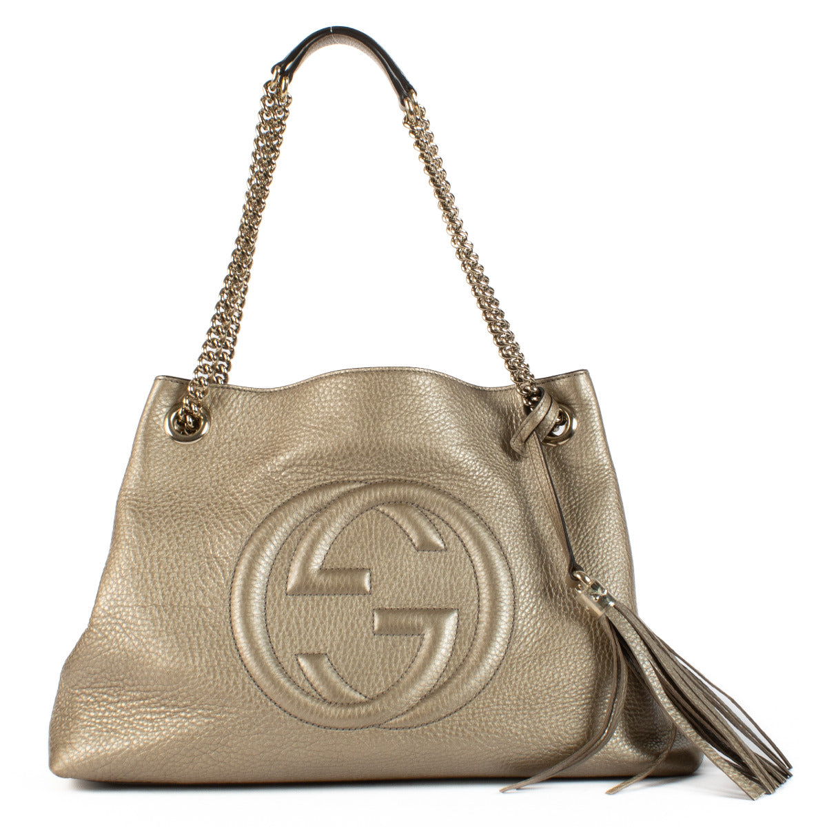 rafted from supple metallic bronze leather, this bag features a softly structured silhouette that adds a touch of understated glamour to any look. The standout feature is the iconic interlocking GG logo, embossed on the front, a timeless symbol of Gucci’s