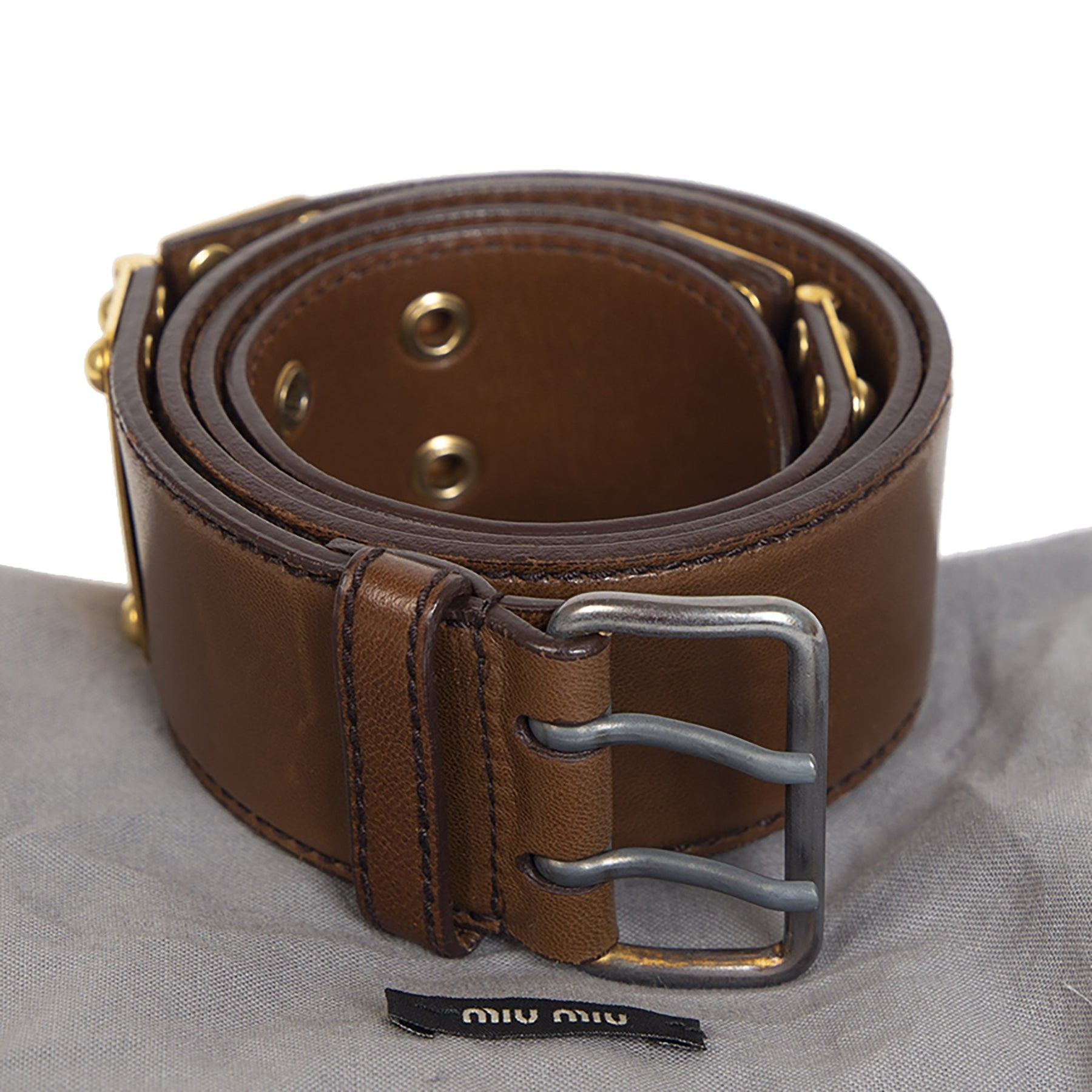Authentieke Tweedehands Miu Miu Brown Leather Gold Hardware Belt - Size 80 juiste prijs veilig online shoppen luxe merken webshop winkelen Antwerpen België mode fashion
