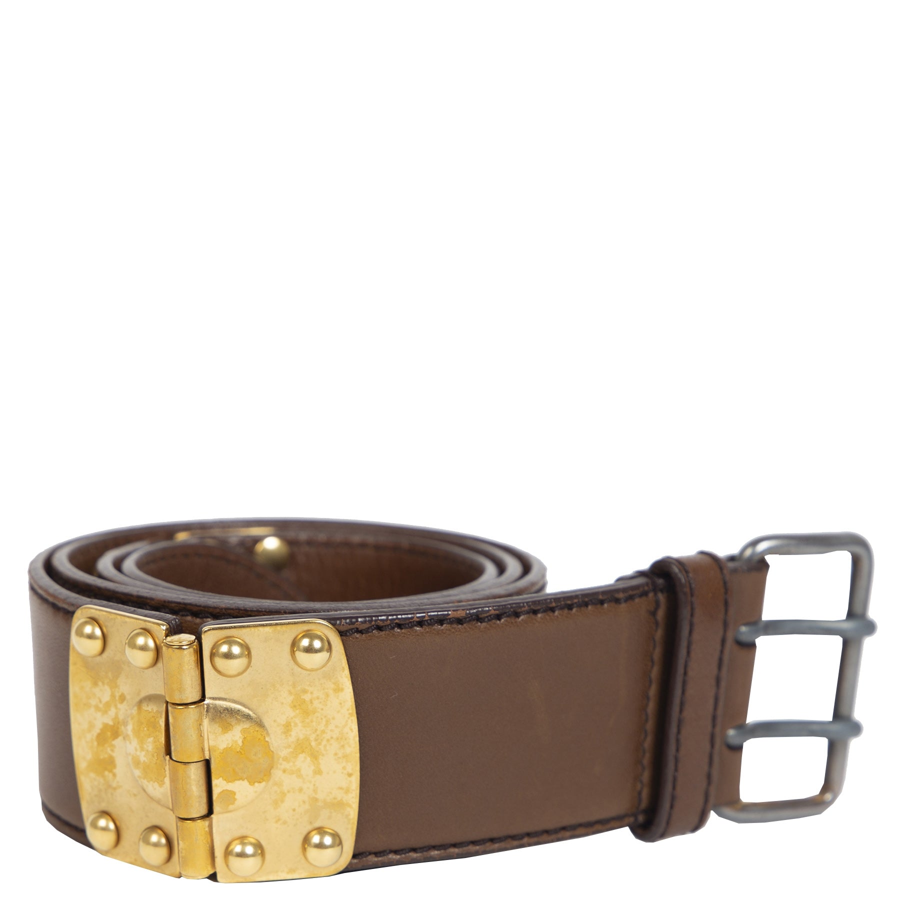 Authentieke Tweedehands Miu Miu Brown Leather Gold Hardware Belt - Size 80 juiste prijs veilig online shoppen luxe merken webshop winkelen Antwerpen België mode fashion