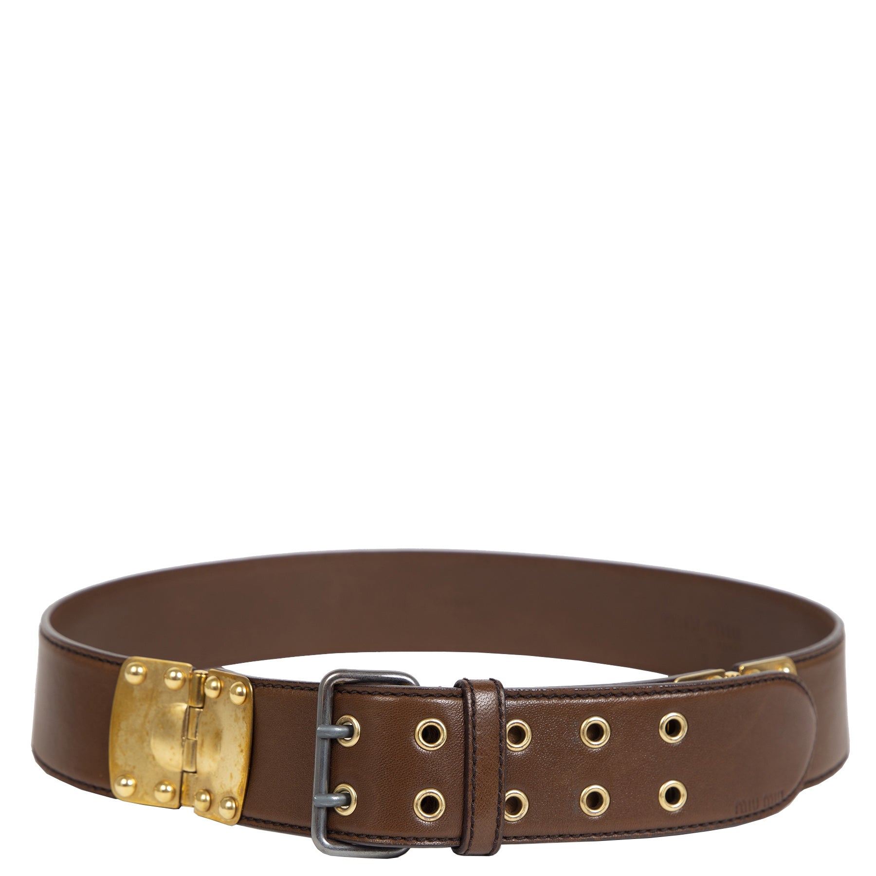 Authentieke Tweedehands Miu Miu Brown Leather Gold Hardware Belt - Size 80 juiste prijs veilig online shoppen luxe merken webshop winkelen Antwerpen België mode fashion