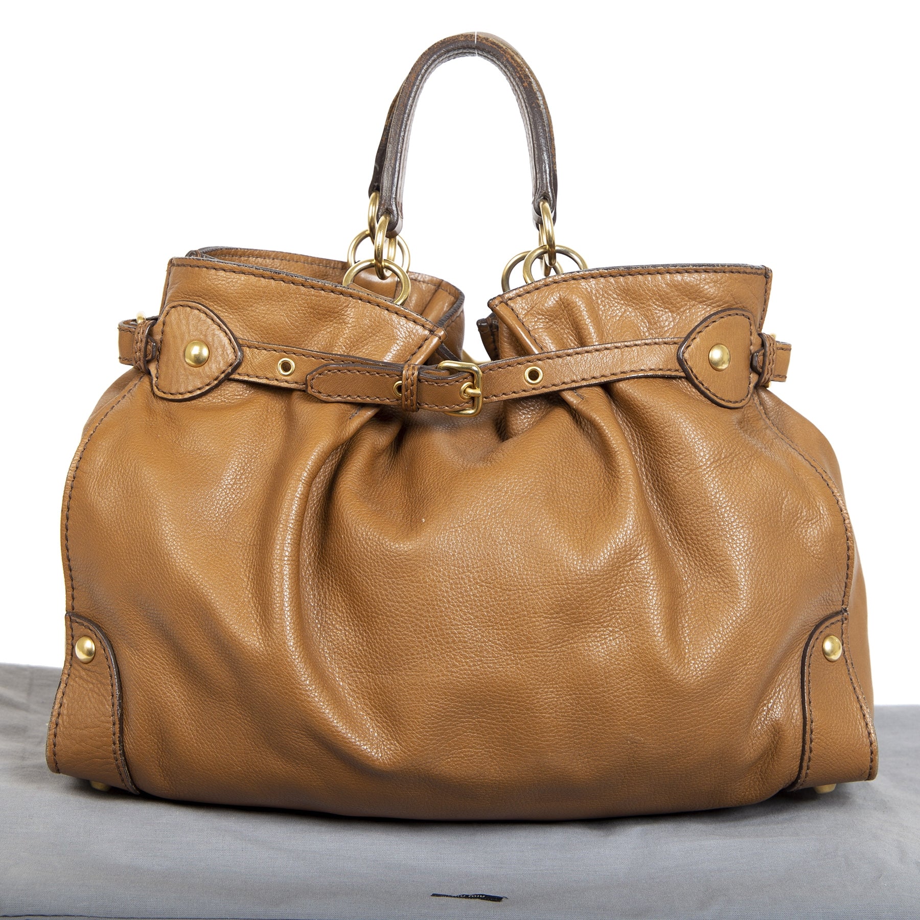 Authentieke Tweedehands Miu Miu Caramel Brown Leather Bag juiste prijs veilig online shoppen luxe merken webshop winkelen Antwerpen België mode fashion