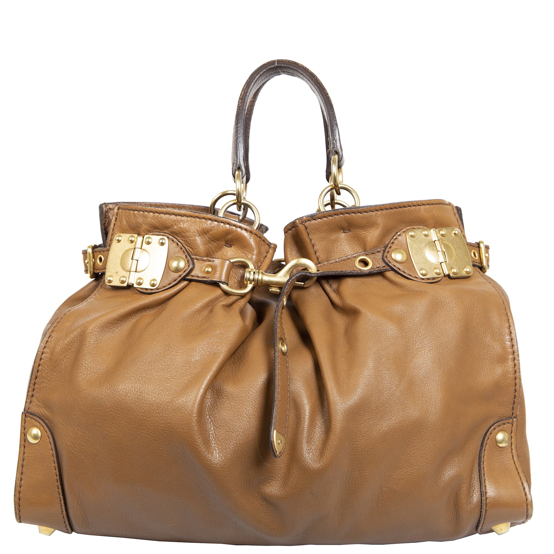 Authentieke Tweedehands Miu Miu Caramel Brown Leather Bag juiste prijs veilig online shoppen luxe merken webshop winkelen Antwerpen België mode fashion