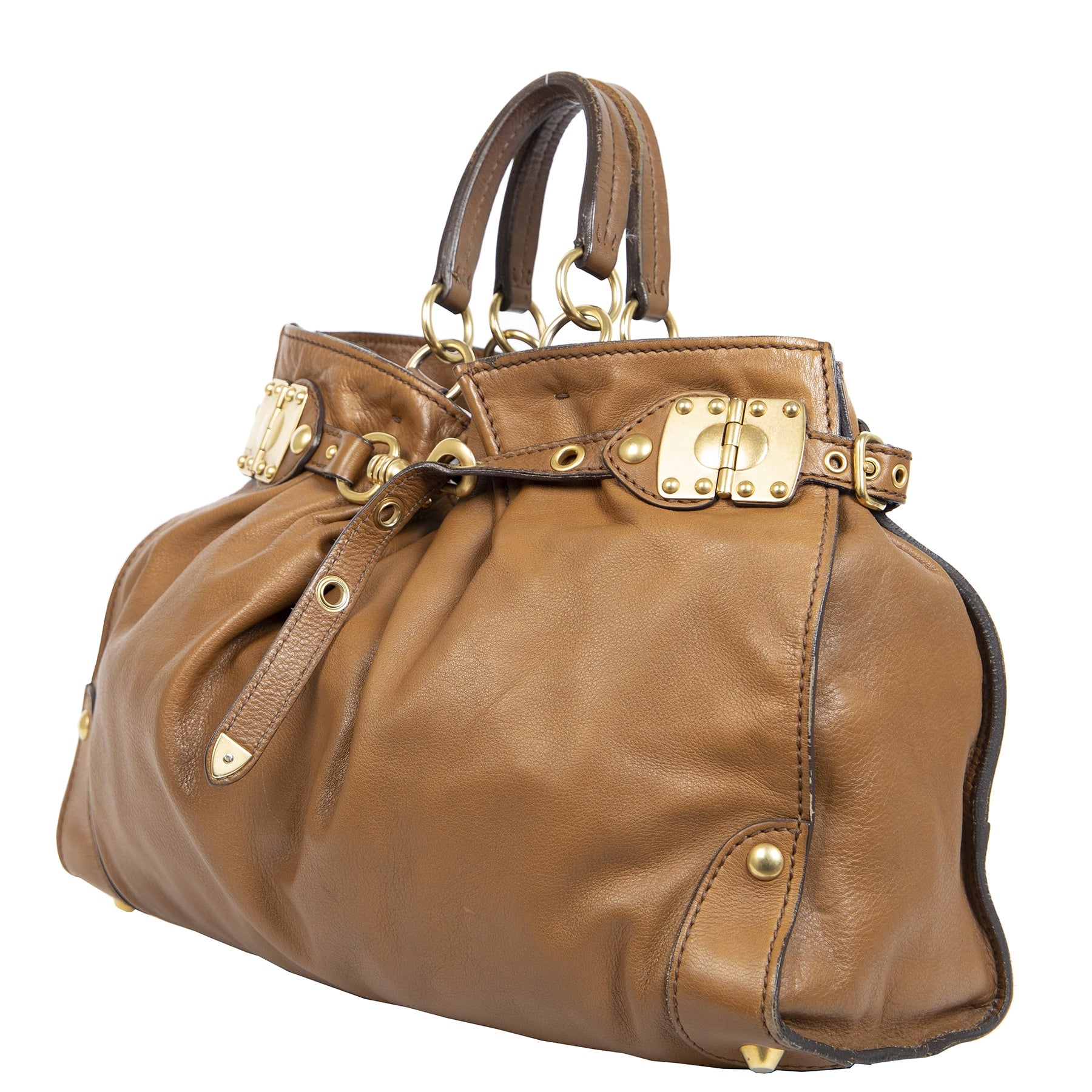 Authentieke Tweedehands Miu Miu Caramel Brown Leather Bag juiste prijs veilig online shoppen luxe merken webshop winkelen Antwerpen België mode fashion