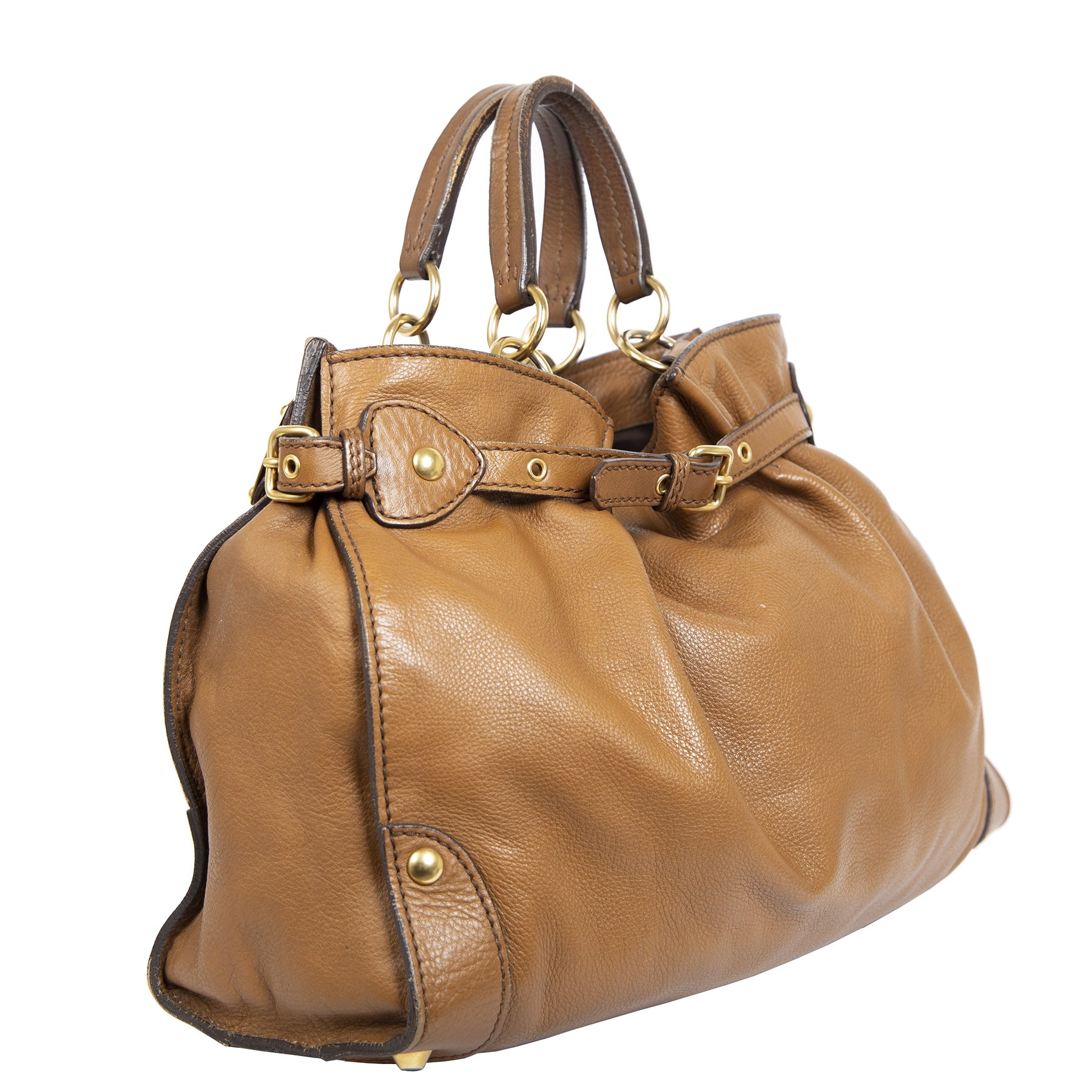 Authentieke Tweedehands Miu Miu Caramel Brown Leather Bag juiste prijs veilig online shoppen luxe merken webshop winkelen Antwerpen België mode fashion