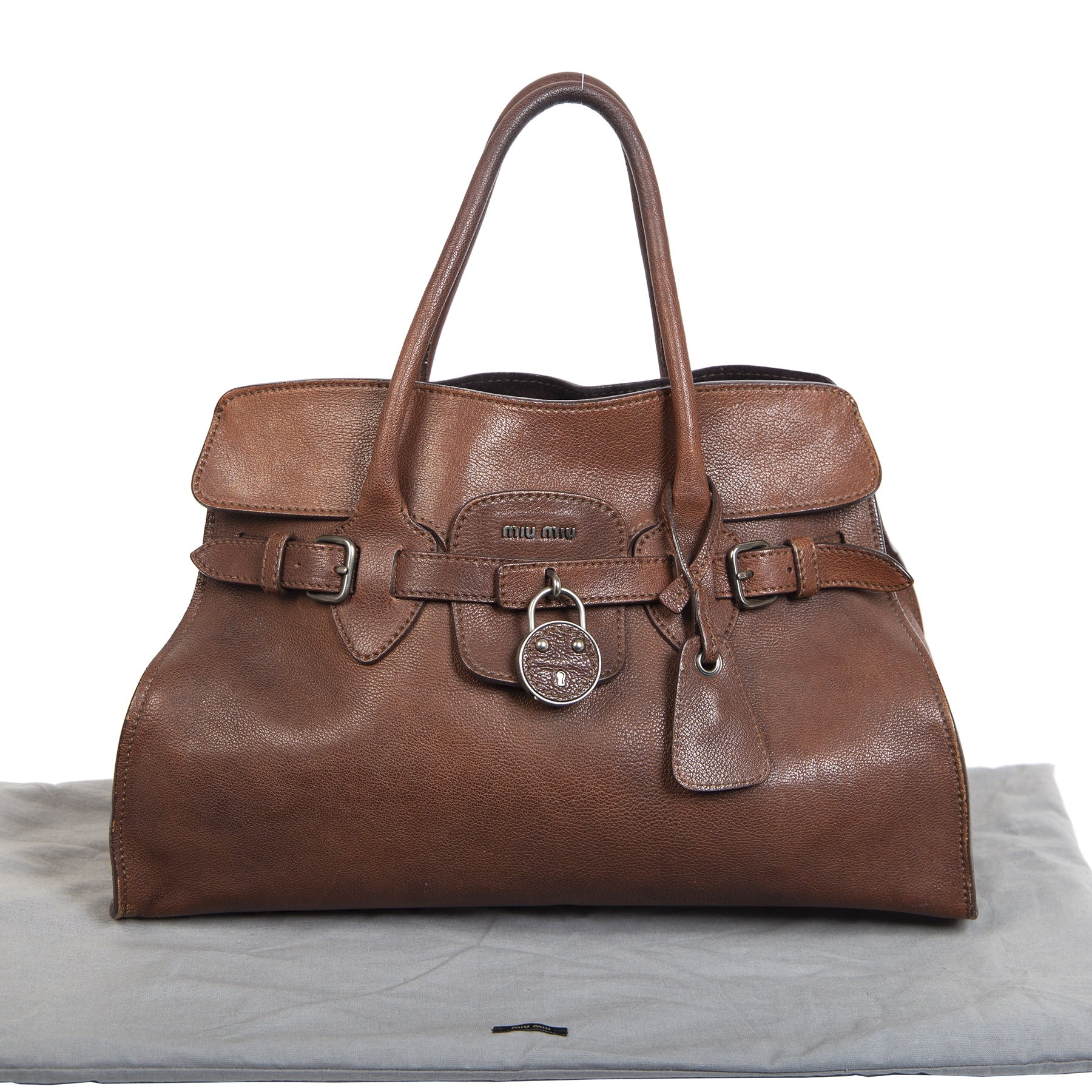 Authentieke Tweedehands Miu Miu Dark Brown Leather Top Handle Bag juiste prijs veilig online shoppen luxe merken webshop winkelen Antwerpen België mode fashion