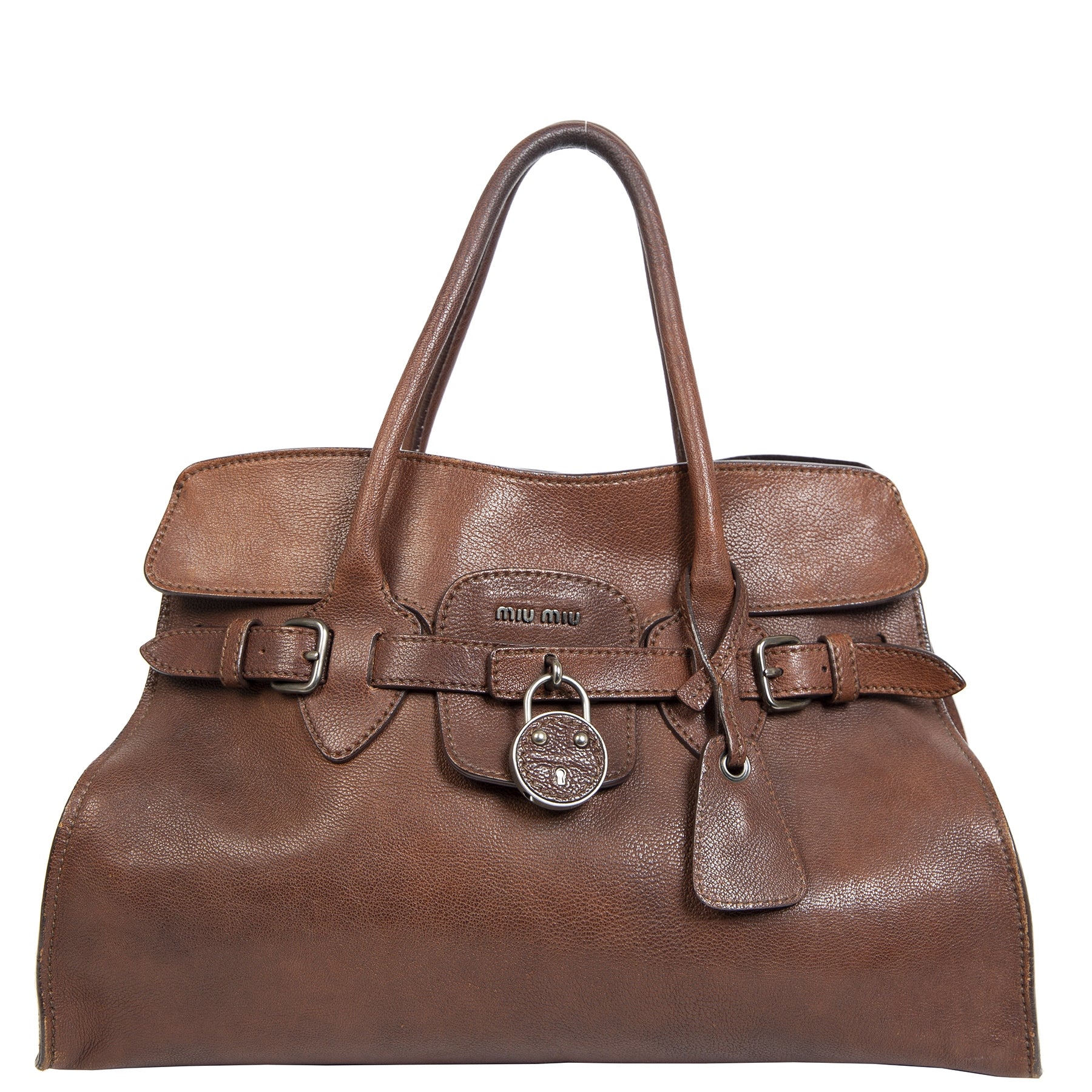 Authentieke Tweedehands Miu Miu Dark Brown Leather Top Handle Bag juiste prijs veilig online shoppen luxe merken webshop winkelen Antwerpen België mode fashion