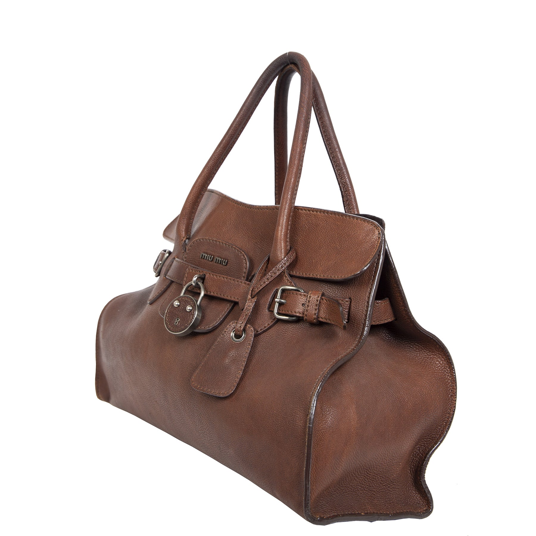 Authentieke Tweedehands Miu Miu Dark Brown Leather Top Handle Bag juiste prijs veilig online shoppen luxe merken webshop winkelen Antwerpen België mode fashion