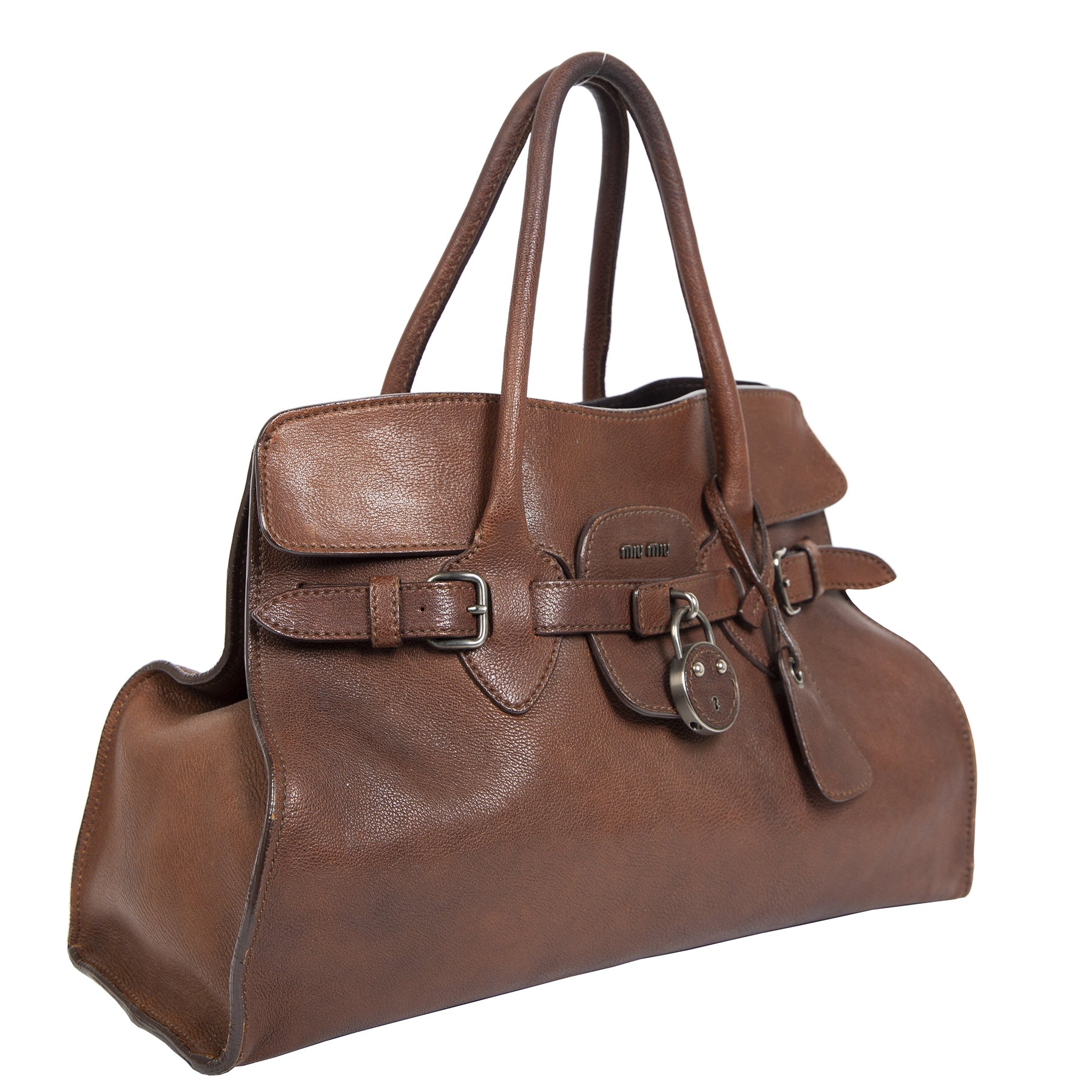 Authentieke Tweedehands Miu Miu Dark Brown Leather Top Handle Bag juiste prijs veilig online shoppen luxe merken webshop winkelen Antwerpen België mode fashion