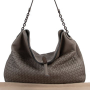 Buy an authentic second hand Bottega Veneta Grey Leather Cervo Flap Top Hobo Bag in very good condition at Labellov