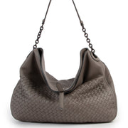 Buy an authentic second hand Bottega Veneta Grey Leather Cervo Flap Top Hobo Bag in very good condition at Labellov