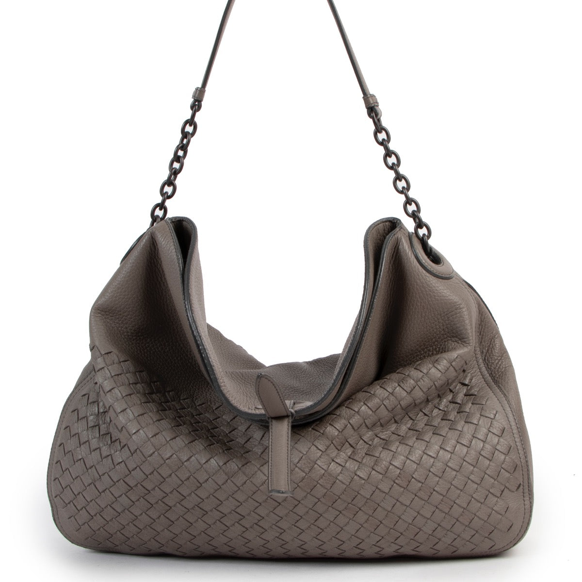 Buy an authentic second hand Bottega Veneta Grey Leather Cervo Flap Top Hobo Bag in very good condition at Labellov