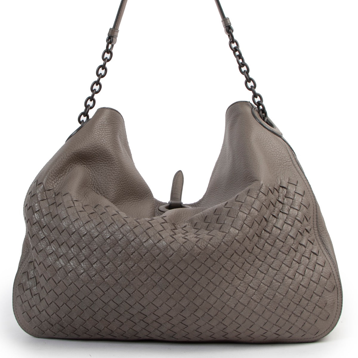 Buy an authentic second hand Bottega Veneta Grey Leather Cervo Flap Top Hobo Bag in very good condition at Labellov
