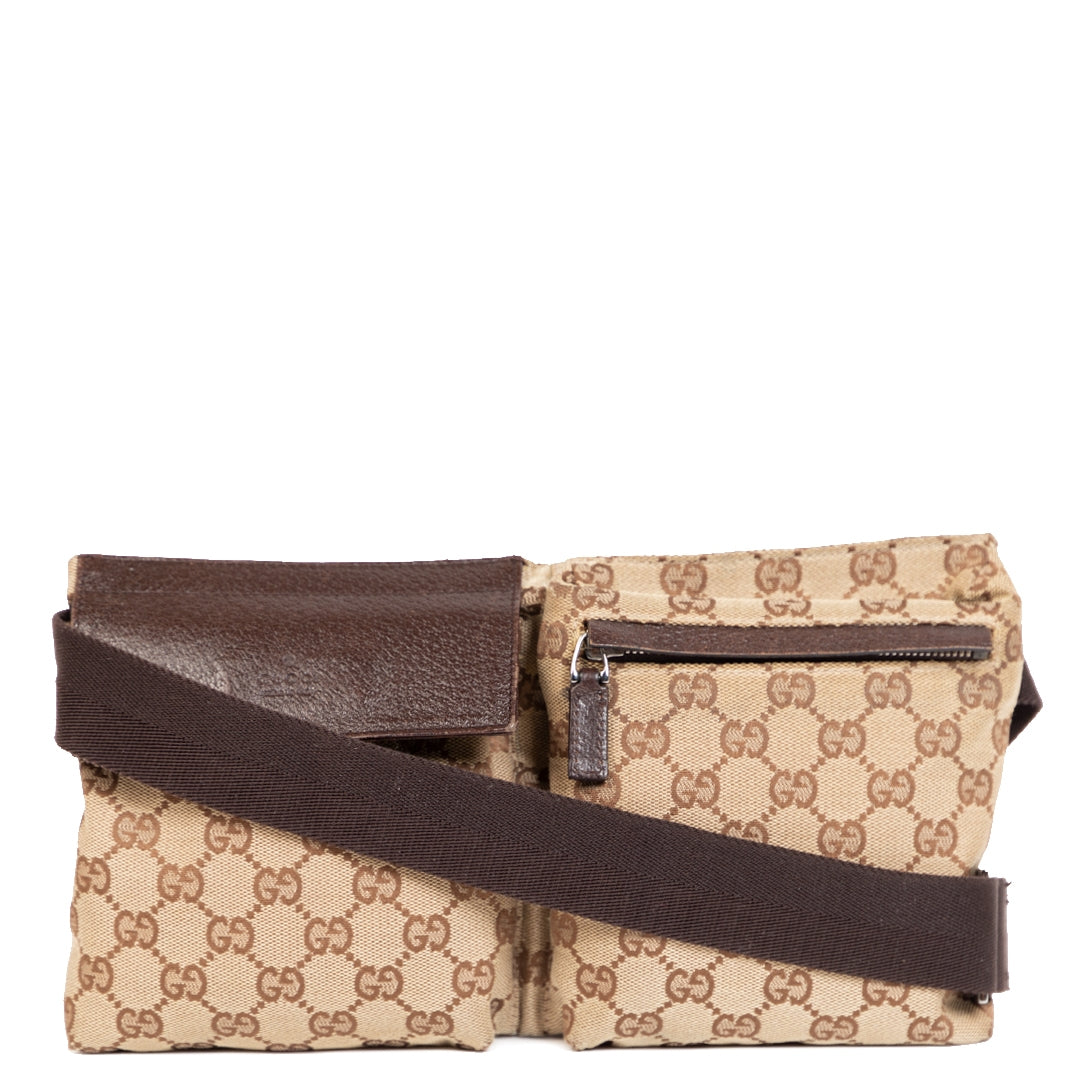 Authentieke Tweedehands Gucci Beige GG Monogram Canvas Belt Bag juiste prijs veilig online shoppen luxe merken webshop winkelen Antwerpen België mode fashion