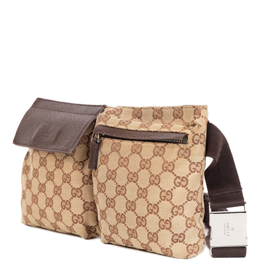 Authentieke Tweedehands Gucci Beige GG Monogram Canvas Belt Bag juiste prijs veilig online shoppen luxe merken webshop winkelen Antwerpen België mode fashion