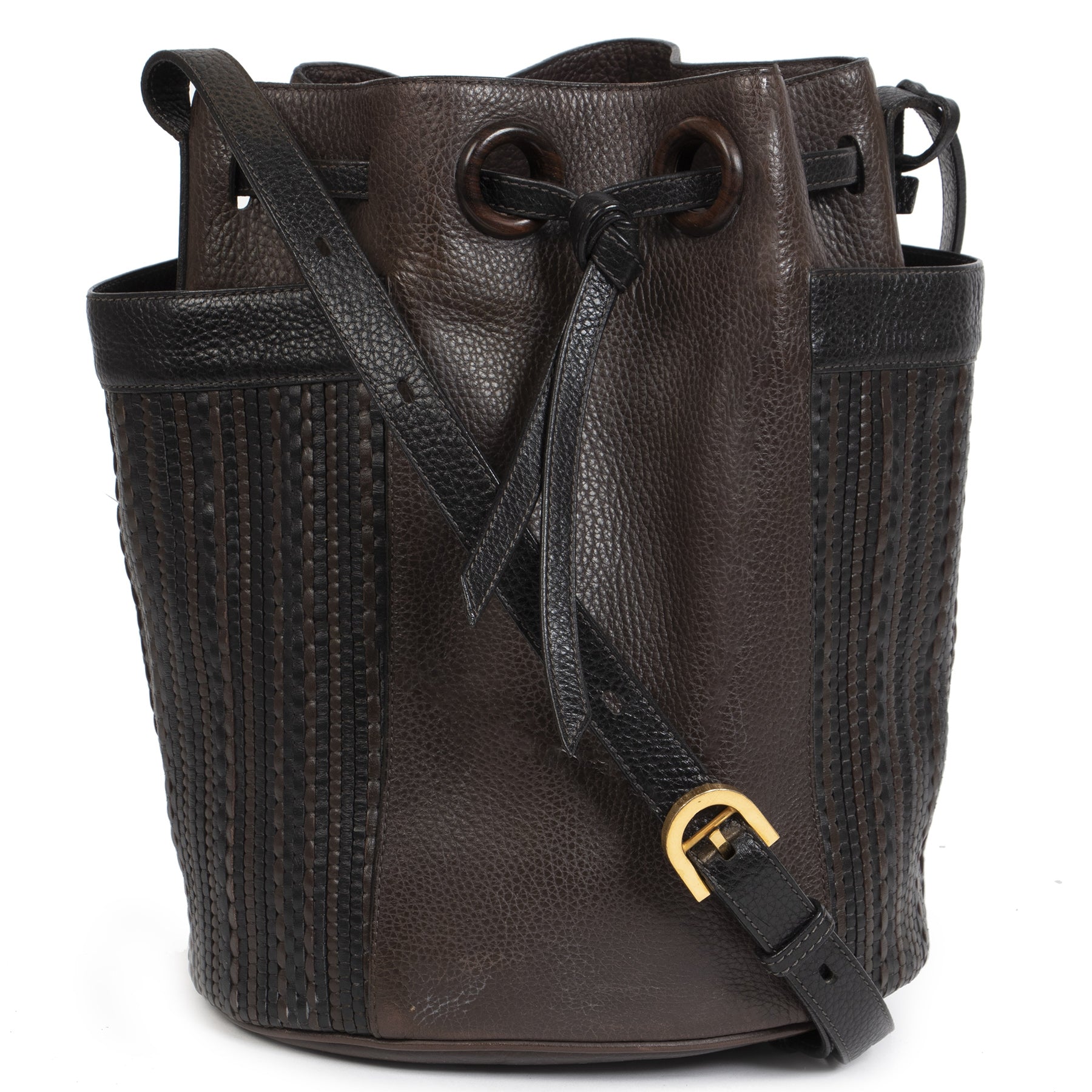 Authentieke Tweedehands Delvaux Dark Brown Woven Leather Bucket Bag juiste prijs veilig online shoppen luxe merken webshop winkelen Antwerpen België mode fashion