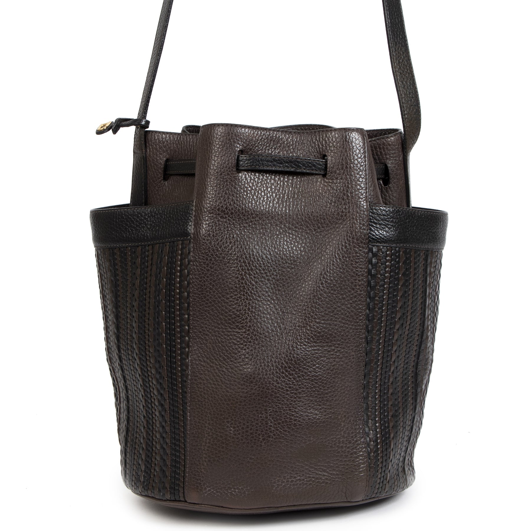 Authentieke Tweedehands Delvaux Dark Brown Woven Leather Bucket Bag juiste prijs veilig online shoppen luxe merken webshop winkelen Antwerpen België mode fashion