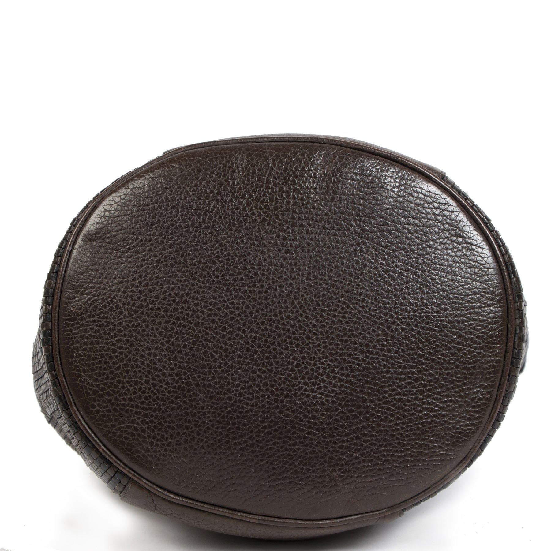 Authentieke Tweedehands Delvaux Dark Brown Woven Leather Bucket Bag juiste prijs veilig online shoppen luxe merken webshop winkelen Antwerpen België mode fashion