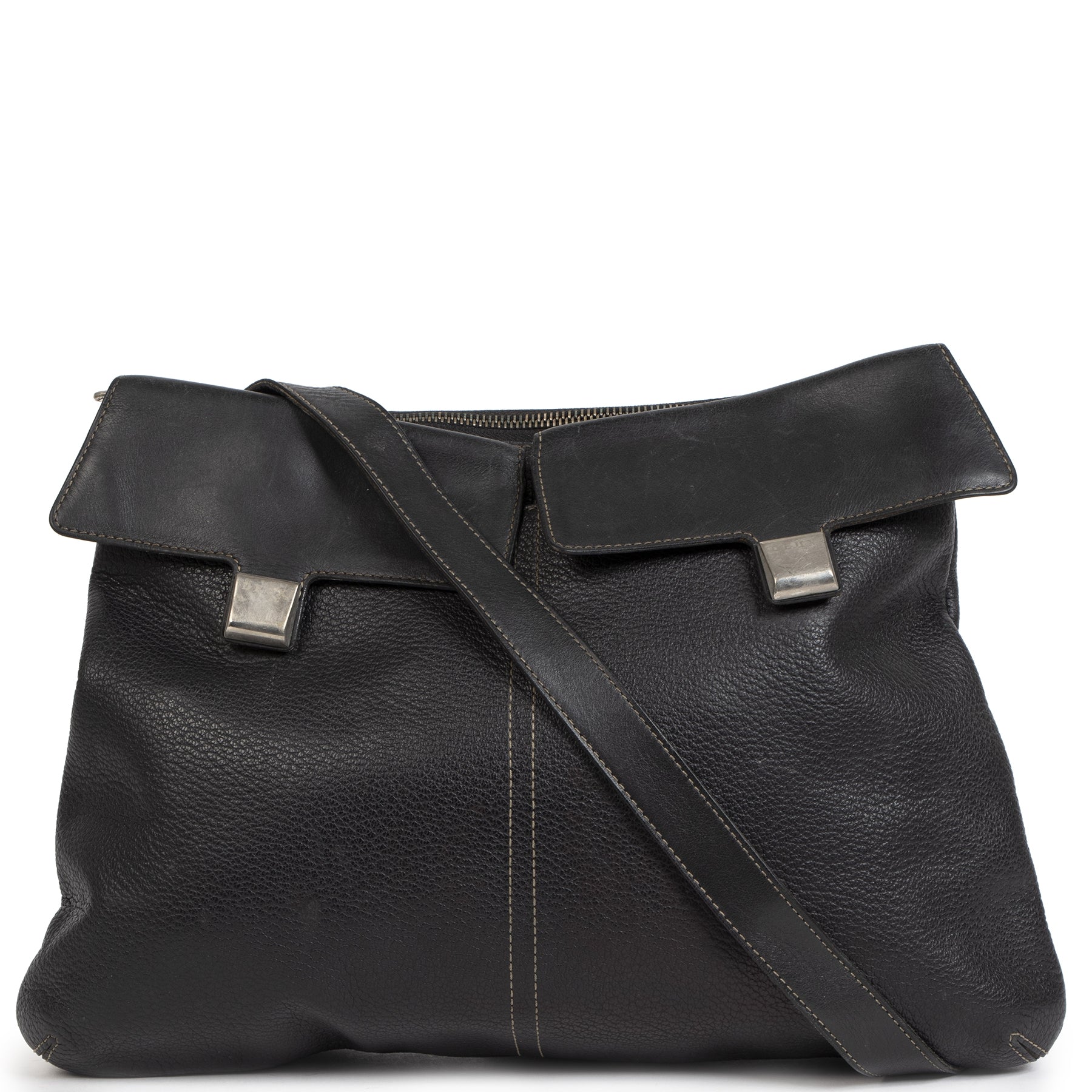 Authentieke Tweedehands Deux de Delvaux Black Leather Crossbody Bag juiste prijs veilig online shoppen luxe merken webshop winkelen Antwerpen België mode fashion