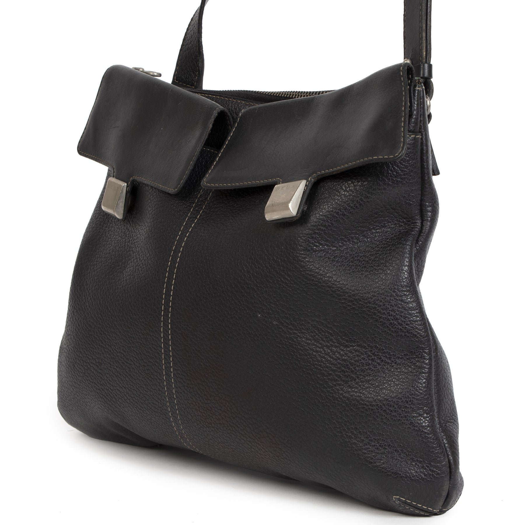 Authentieke Tweedehands Deux de Delvaux Black Leather Crossbody Bag juiste prijs veilig online shoppen luxe merken webshop winkelen Antwerpen België mode fashion