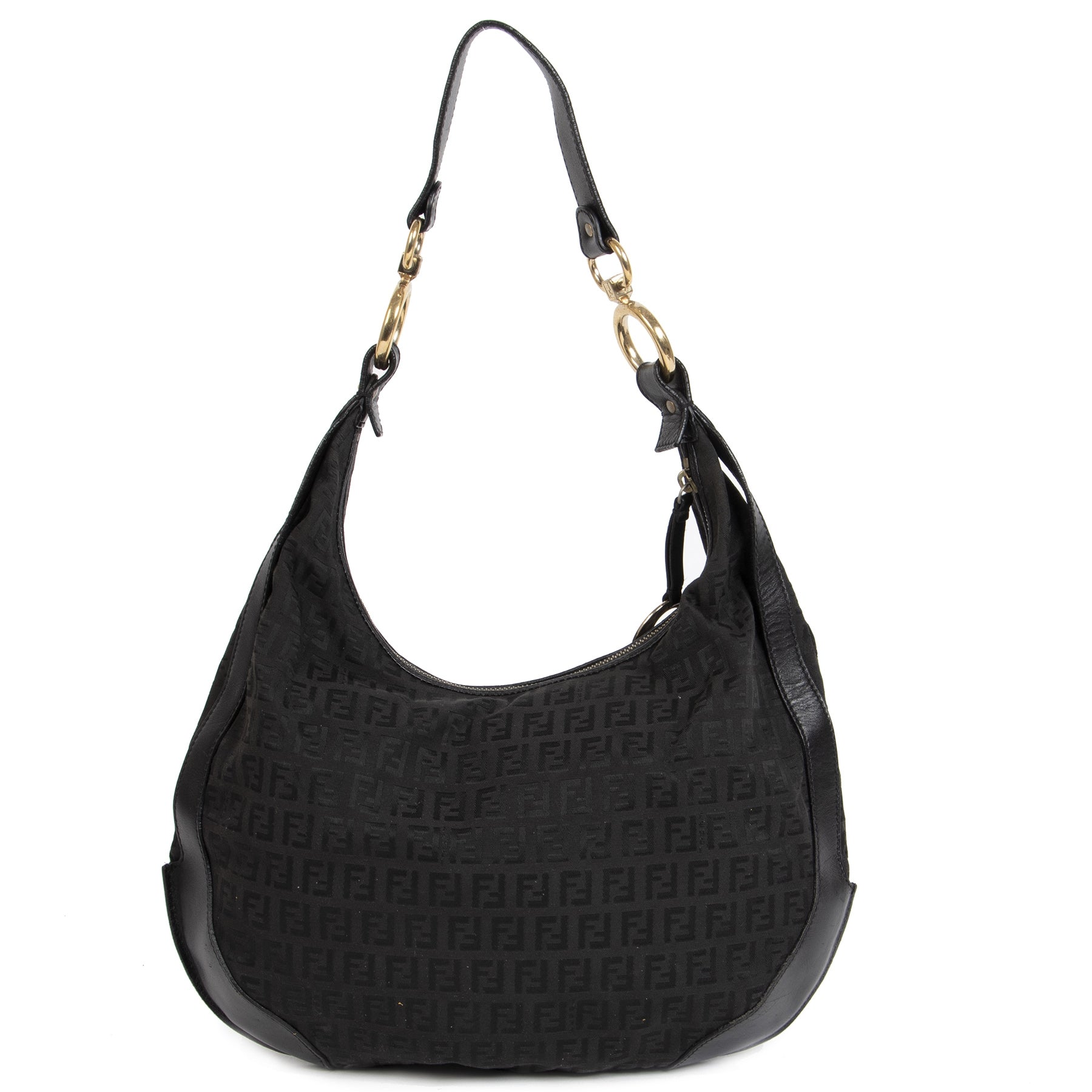 Authentieke Tweedehands Fendi Black Zucca Monogram Canvas Hobo Bag juiste prijs veilig online shoppen luxe merken webshop winkelen Antwerpen België mode fashion