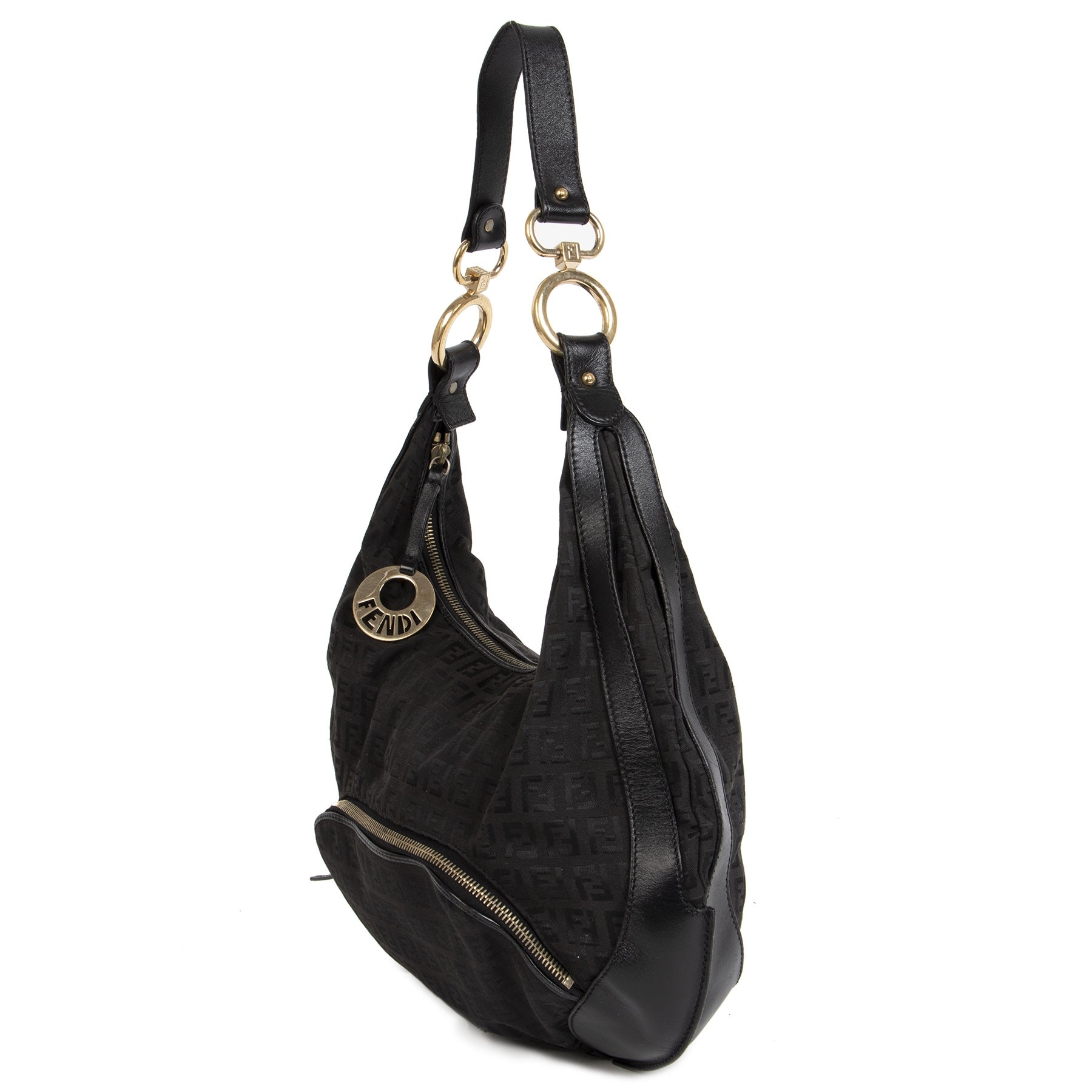 Authentieke Tweedehands Fendi Black Zucca Monogram Canvas Hobo Bag juiste prijs veilig online shoppen luxe merken webshop winkelen Antwerpen België mode fashion