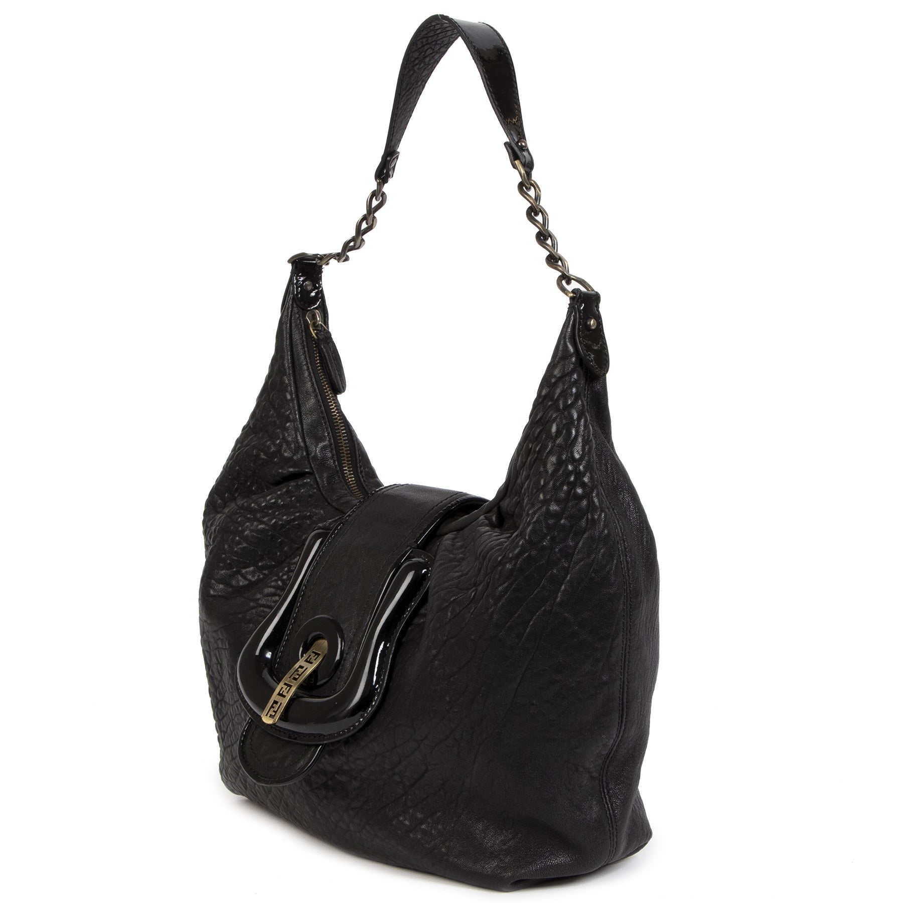 Authentieke Tweedehands Fendi Black Leather B Buckle Shoulder Bag juiste prijs veilig online shoppen luxe merken webshop winkelen Antwerpen België mode fashion
