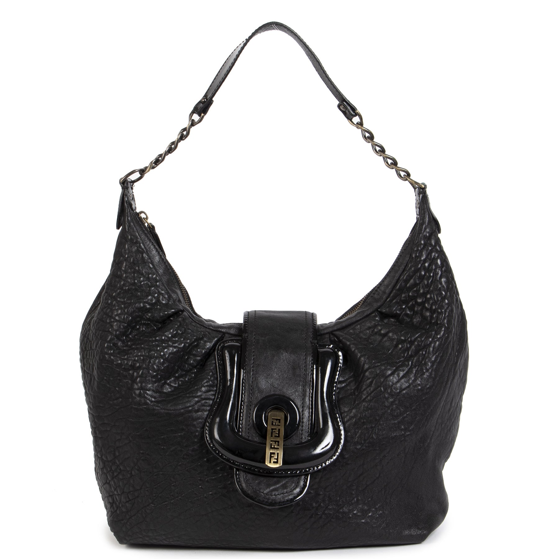 Authentieke Tweedehands Fendi Black Leather B Buckle Shoulder Bag juiste prijs veilig online shoppen luxe merken webshop winkelen Antwerpen België mode fashion