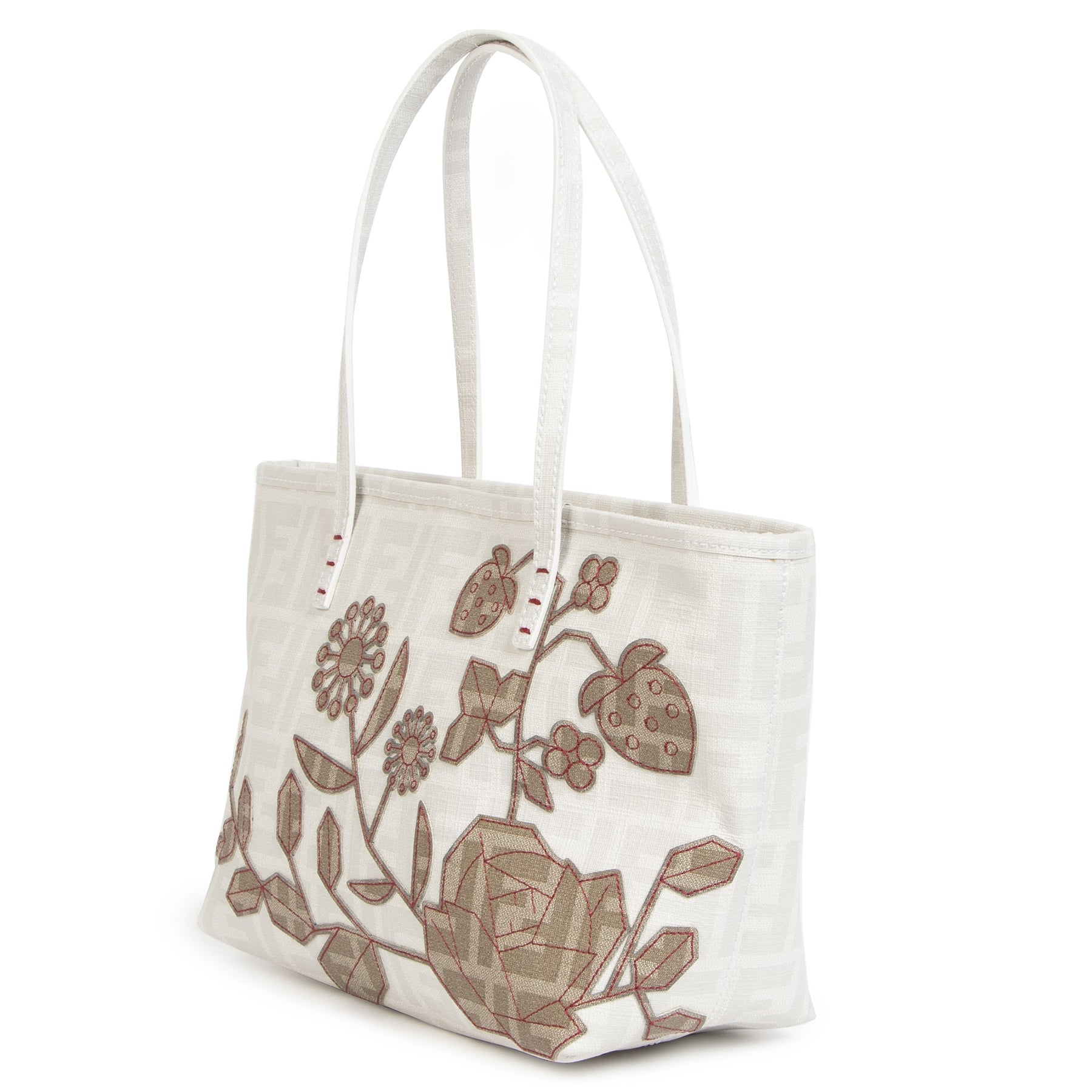 Authentieke Tweedehands Fendi White Zucca Spalmati Embroidered Small Tote Bag juiste prijs veilig online shoppen luxe merken webshop winkelen Antewerpen België mode fashion
