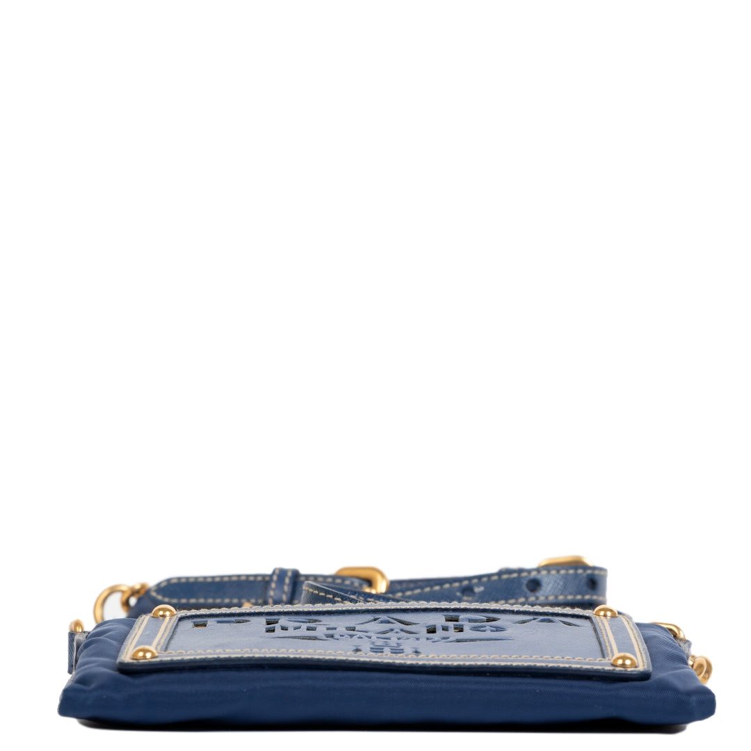 Prada Blauwe Tessuto Oro Schoudertas met Kettinghengsel