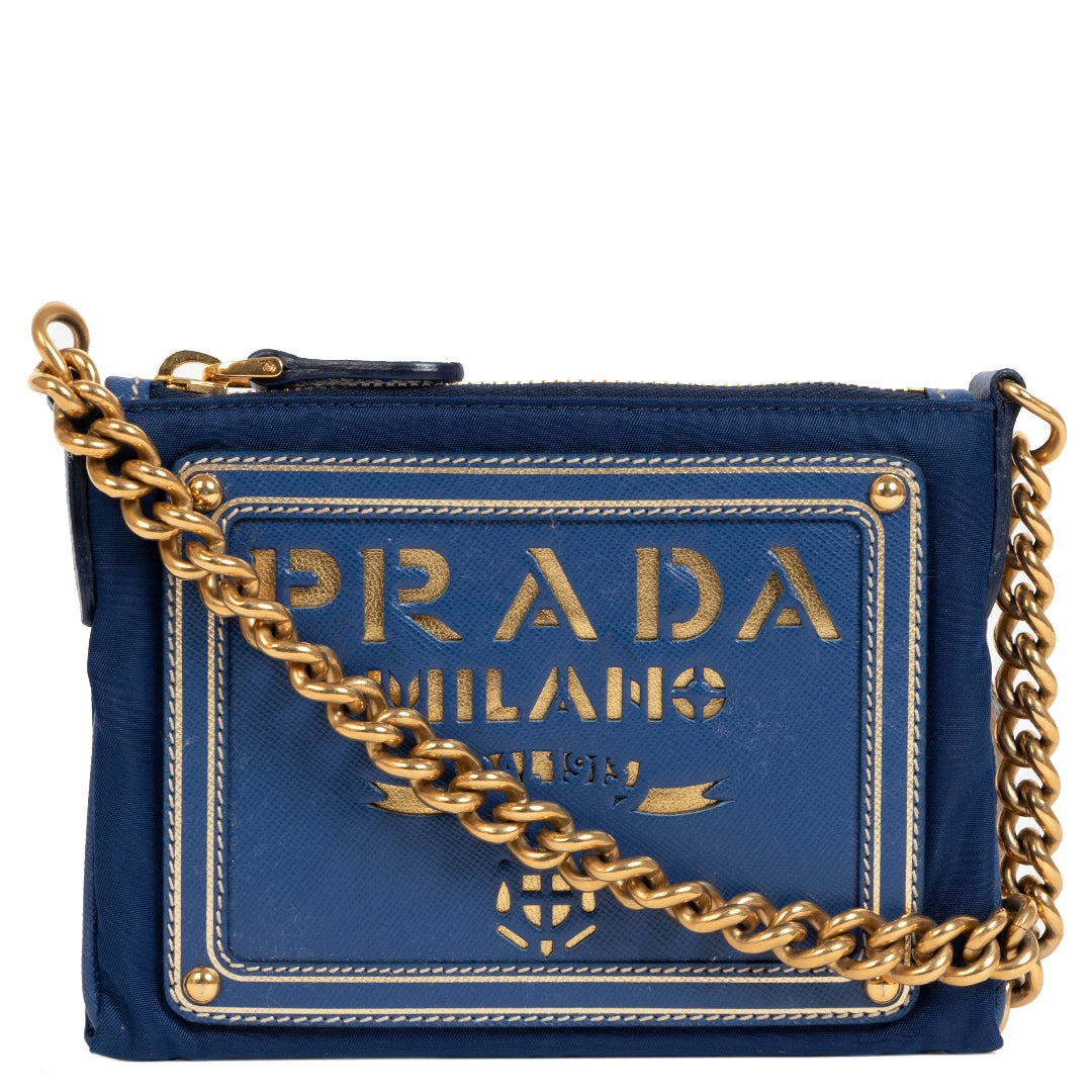 Prada Blue Tessuto Oro Chain Strap Bag for sale at Labellov secondhand luxury in Antwerp