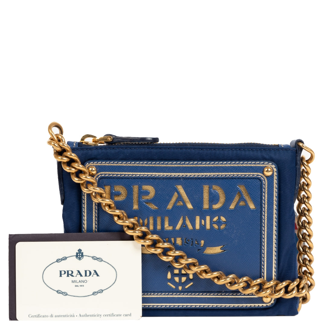 Buy and sell your preloved and brand new Prada Blue Tessuto Oro Chain Strap Bag for the best price