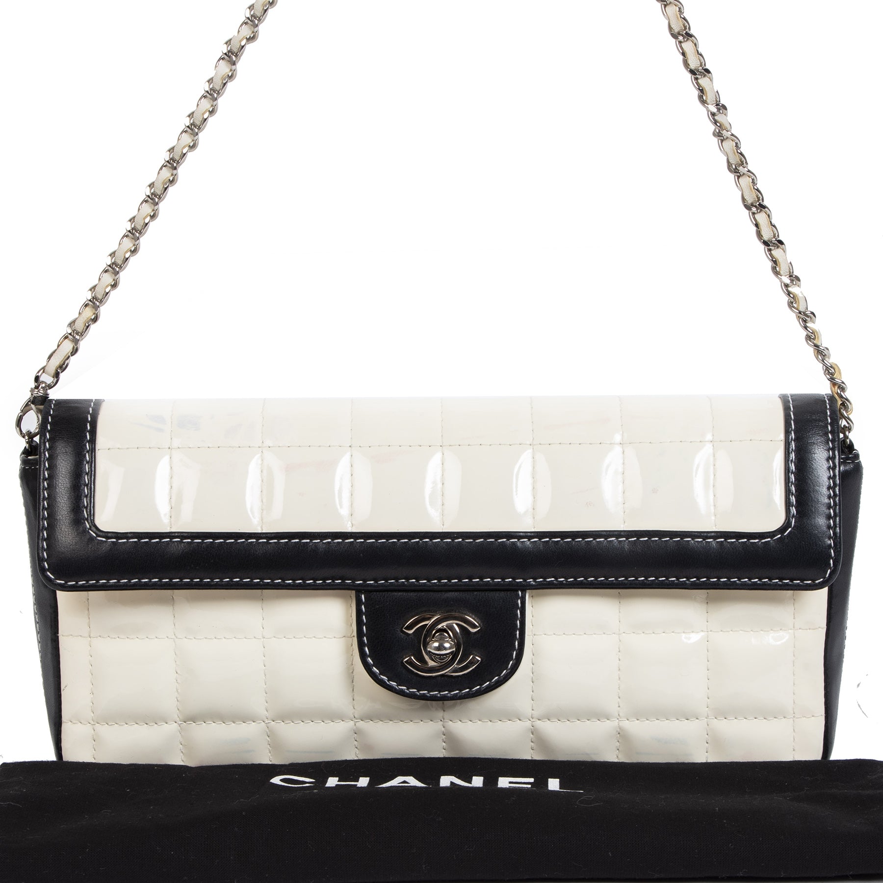 Chanel East West Chocolate Bar White Patent Leather Bag online available for the best price online at Labellov