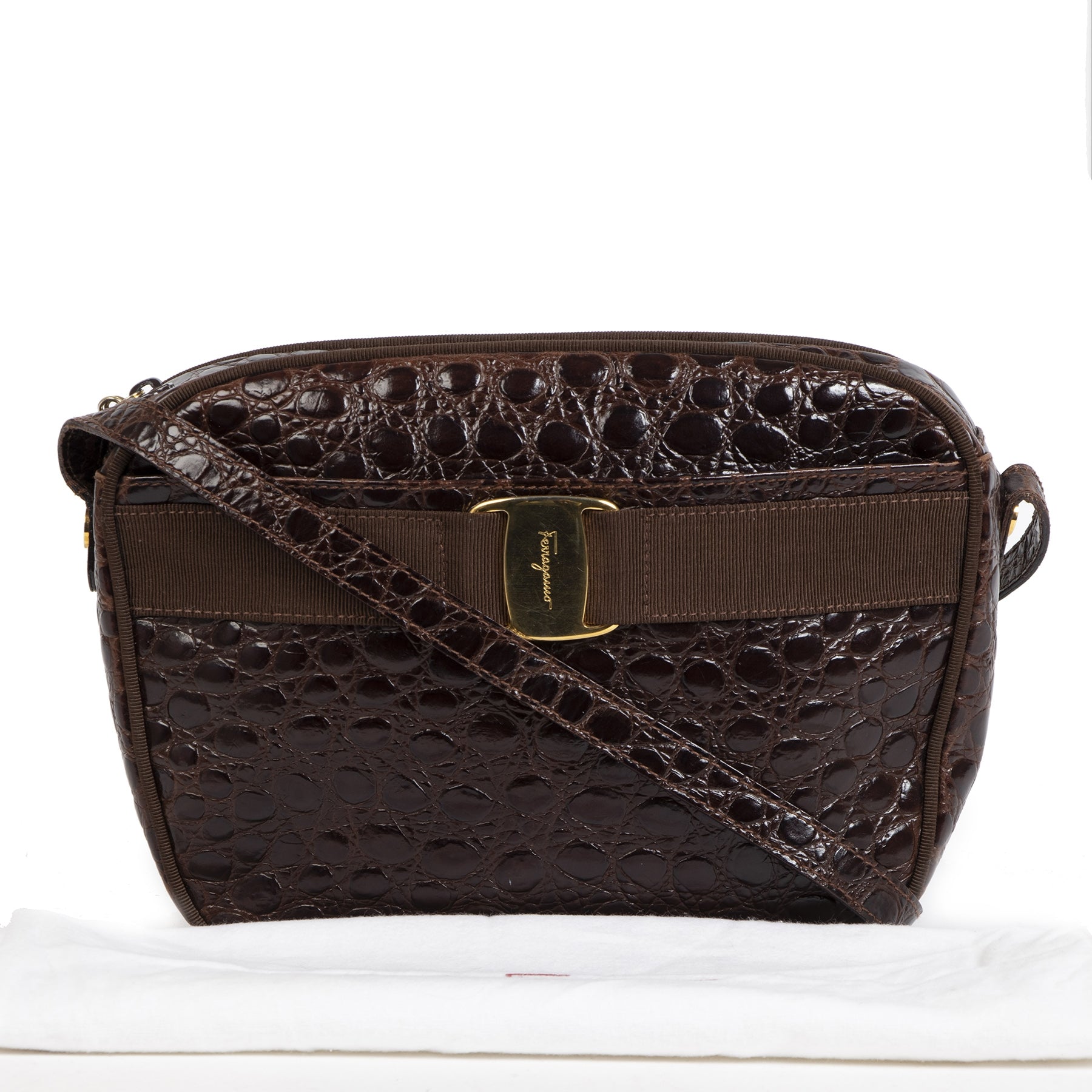 Buy authentic secondhand Salvatore Ferragamo Dark Brown Crocodile Embossed Crossbody Bag designer bags safe and secure online shopping fashion designer luxury vintage webshop