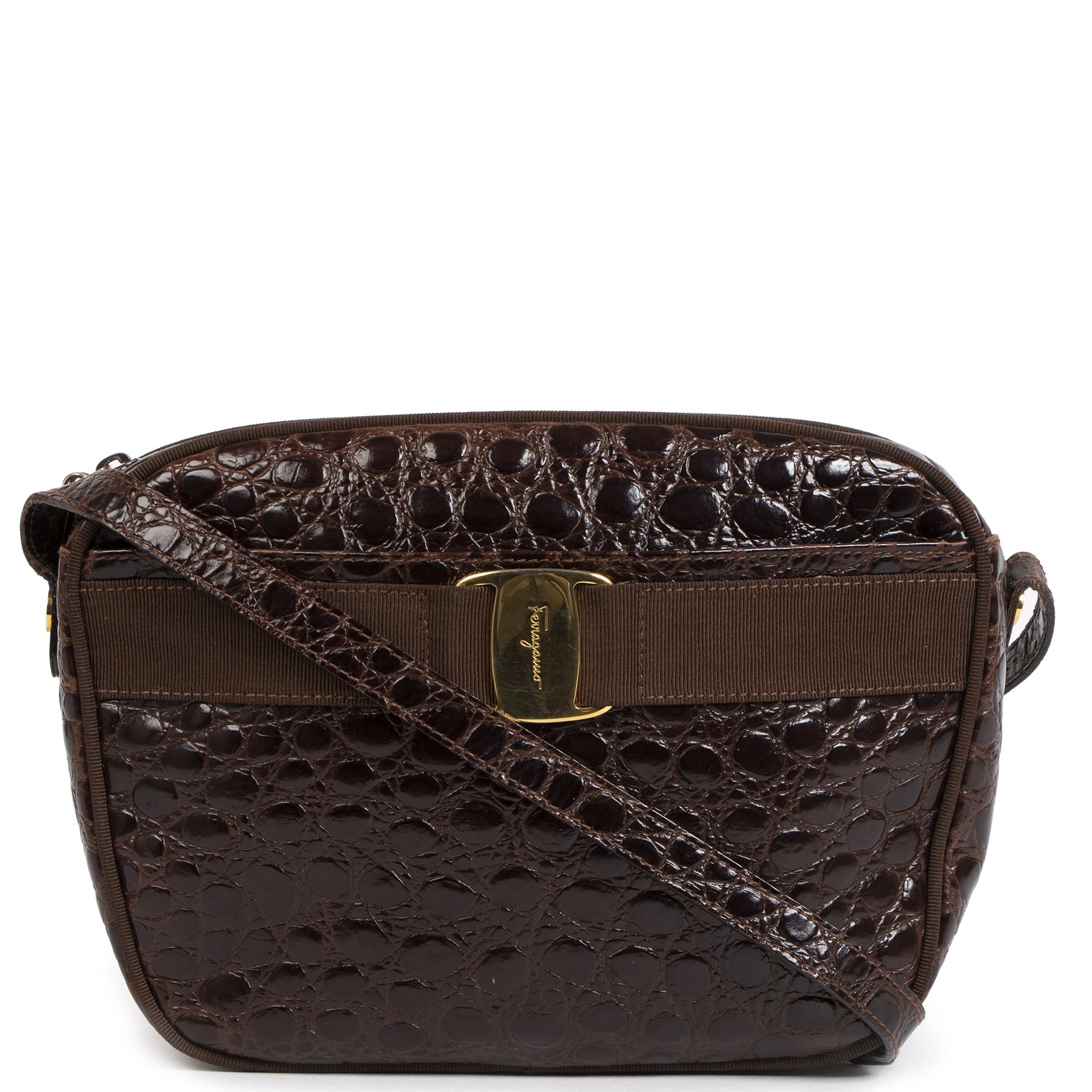 Authentieke Tweedehands Salvatore Ferragamo Dark Brown Crocodile Embossed Crossbody Bag juiste prijs veilig online shoppen luxe merken webshop winkelen Antwerpen België mode fashion