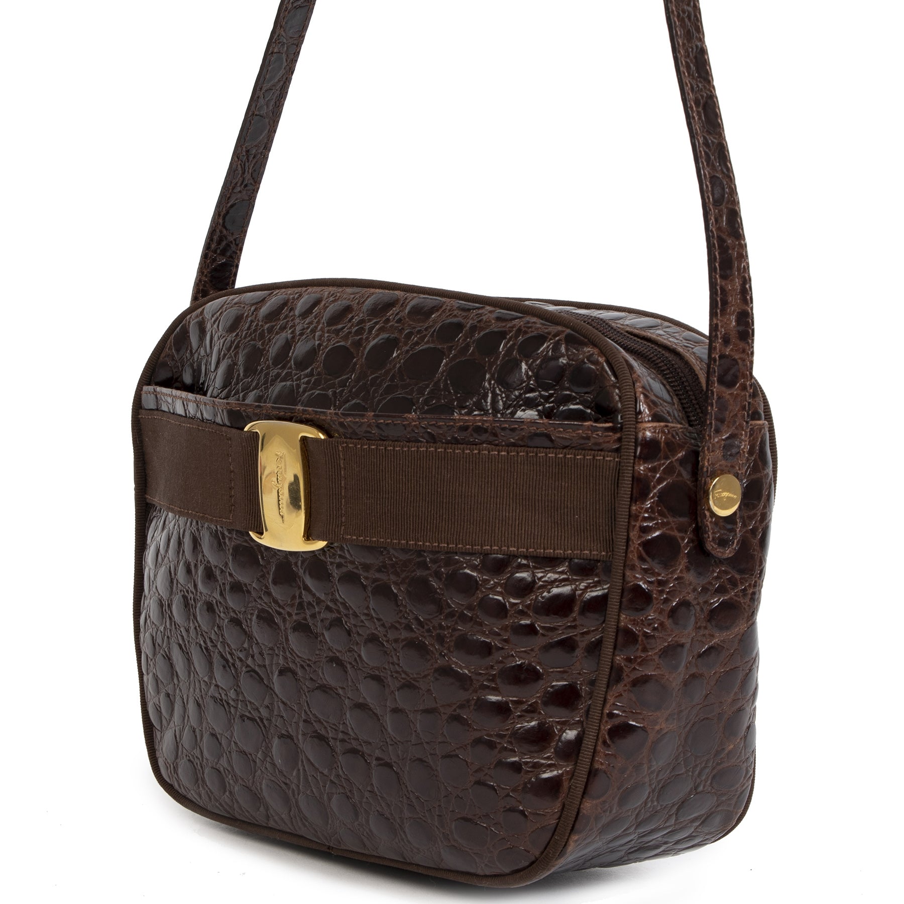 Authentieke Tweedehands Salvatore Ferragamo Dark Brown Crocodile Embossed Crossbody Bag juiste prijs veilig online shoppen luxe merken webshop winkelen Antwerpen België mode fashion