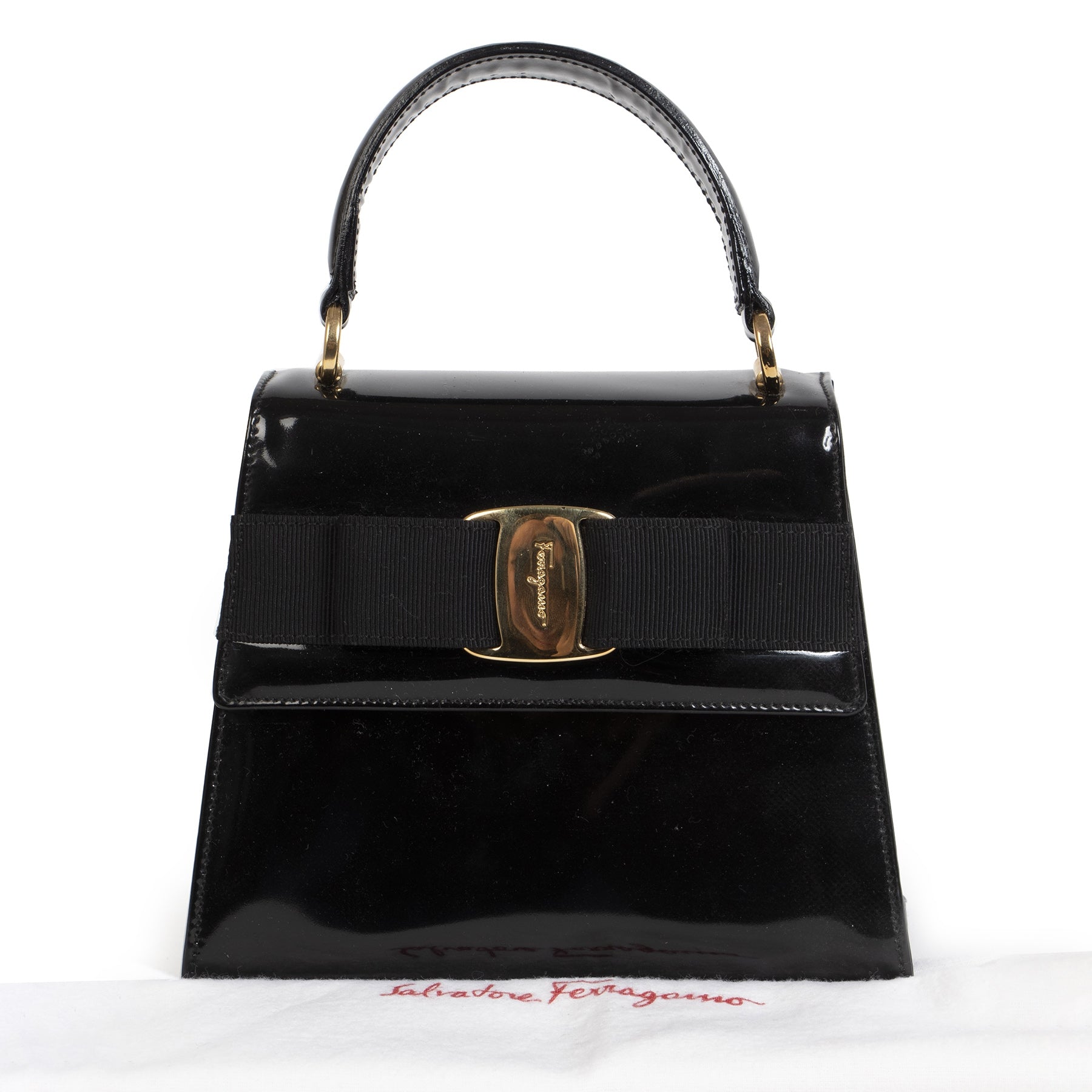 Authentieke Tweedehands Salvatore Ferragamo Vara Bow Patent Leather Bag juiste prijs veilig online shoppen luxe merken webshop winkelen Antwerpen België mode fashion